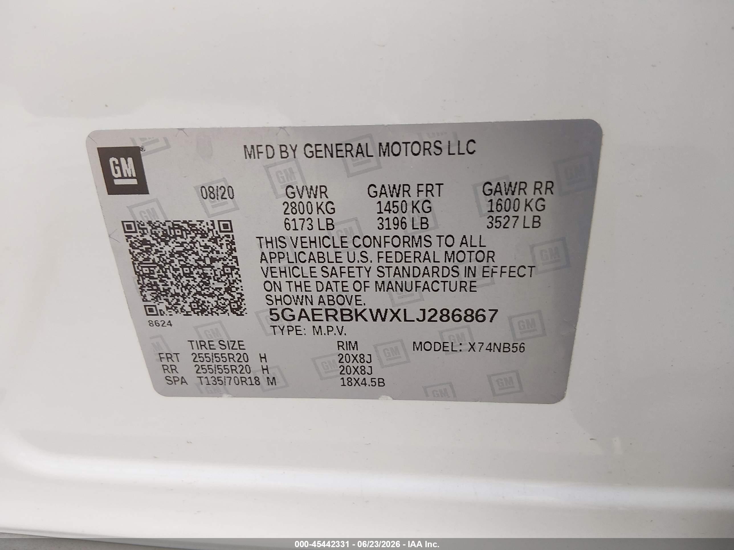 2020 Buick Enclave VIN 5GAERBKWXLJ286867 IAAI salvage auction — Rear End, Original (Texas), sold $3,900 on 2026-09-10 (photo 9)