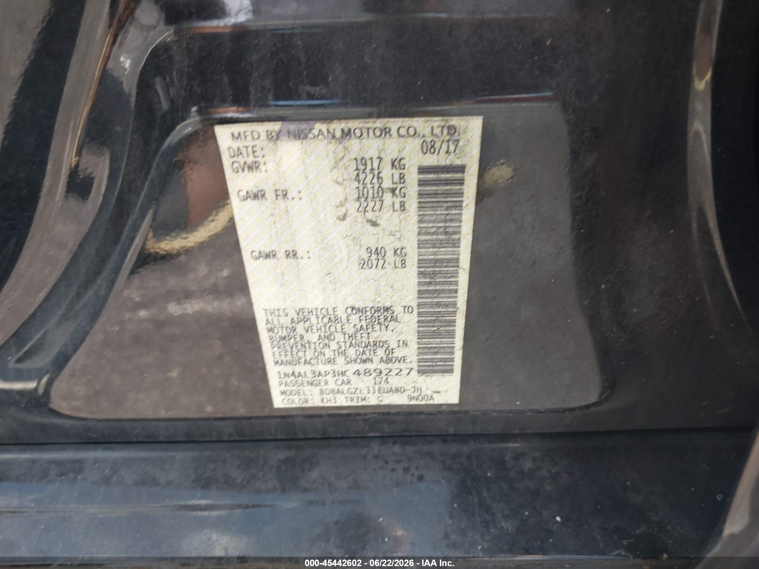 2017 Nissan Altima VIN 1N4AL3AP3HC489227 IAAI salvage auction — Front End, Rebuildable (Florida), sold $475 on 2026-09-03 (photo 9)