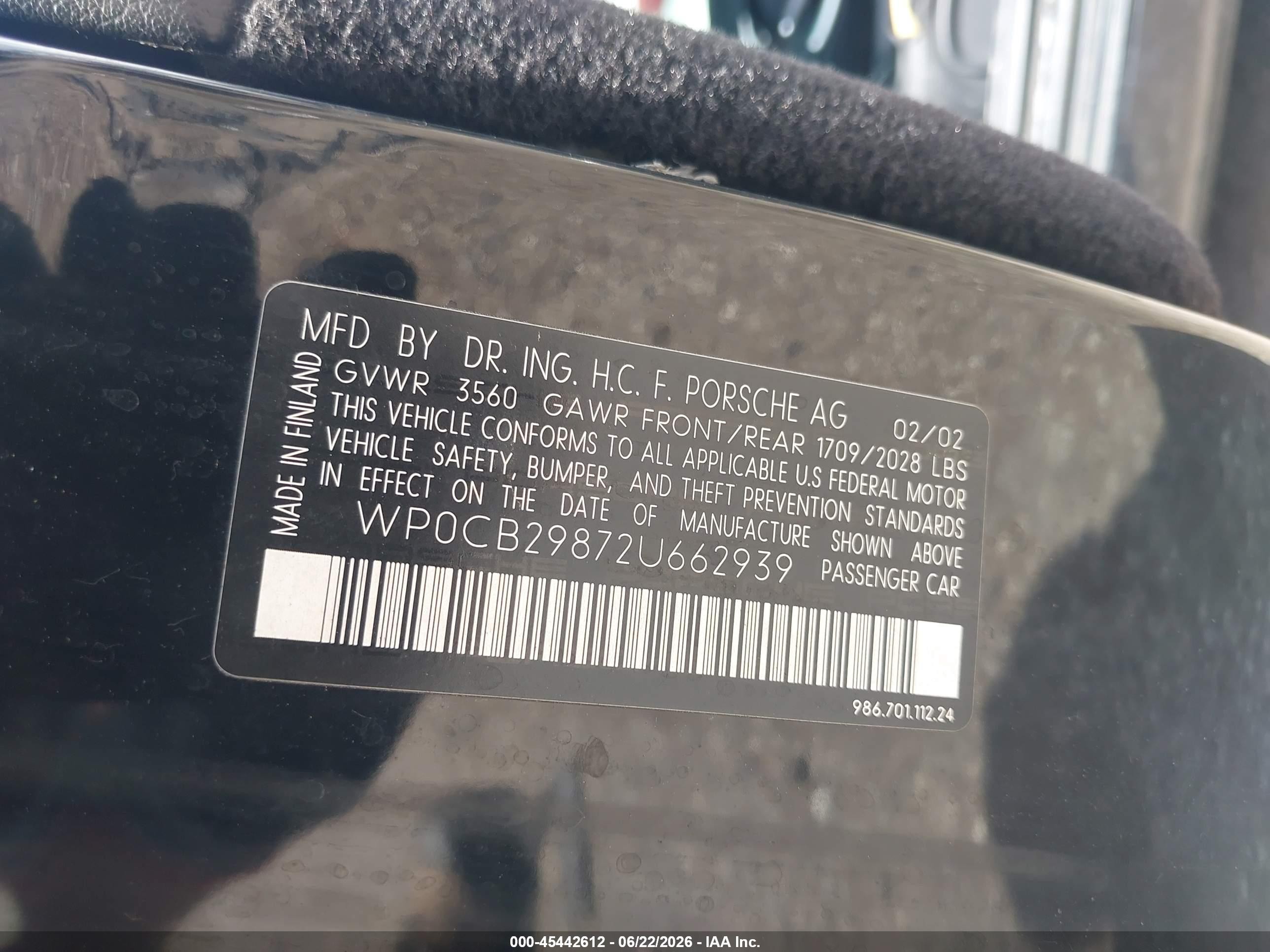2002 Porsche Boxster VIN WP0CB29872U662939 IAAI salvage auction — Rear End, Original (Texas), sold $2,800 on 2026-09-09 (photo 9)