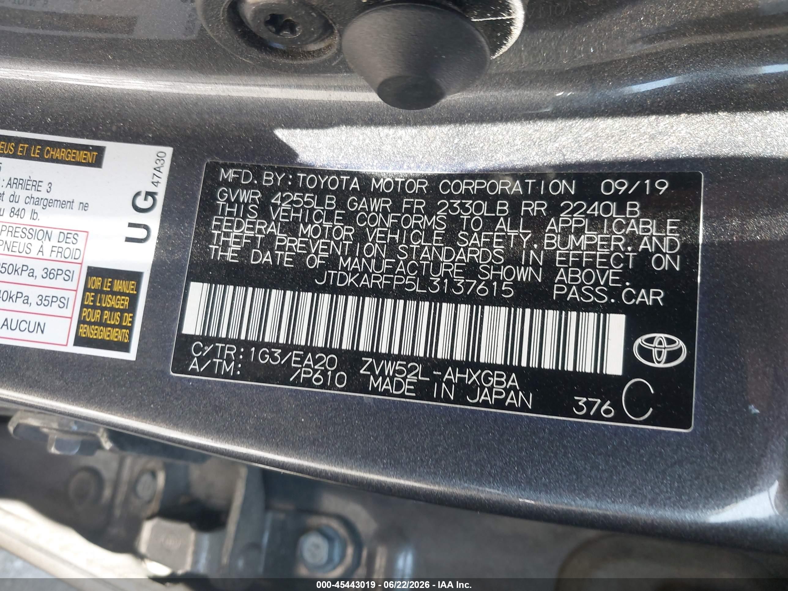 2020 Toyota Prius VIN JTDKARFP5L3137615 IAAI salvage auction — Front End, Salvage (California), sold $7,100 on 2026-09-19 (photo 9)