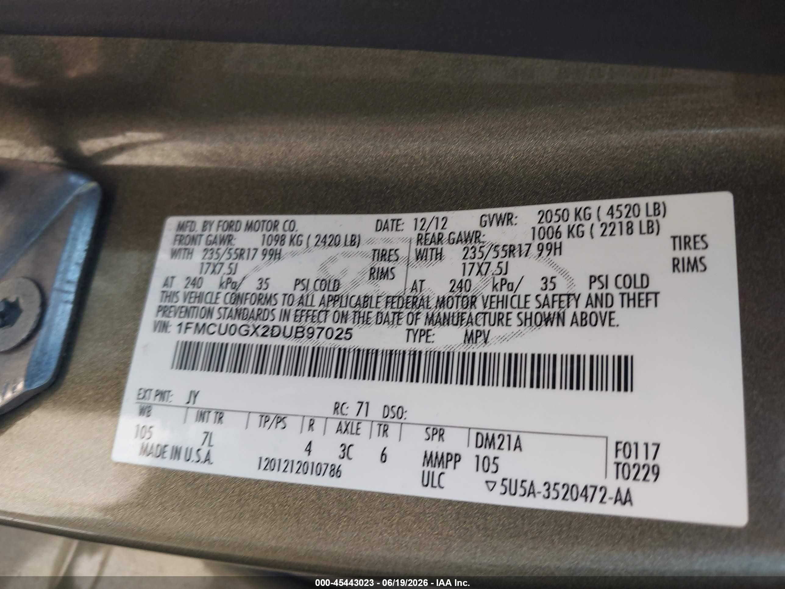 2013 Ford Escape VIN 1FMCU0GX2DUB97025 IAAI salvage auction — Normal Wear, Clear-Dealer Only (Arizona), sold $800 on 2026-07-09 (photo 9)