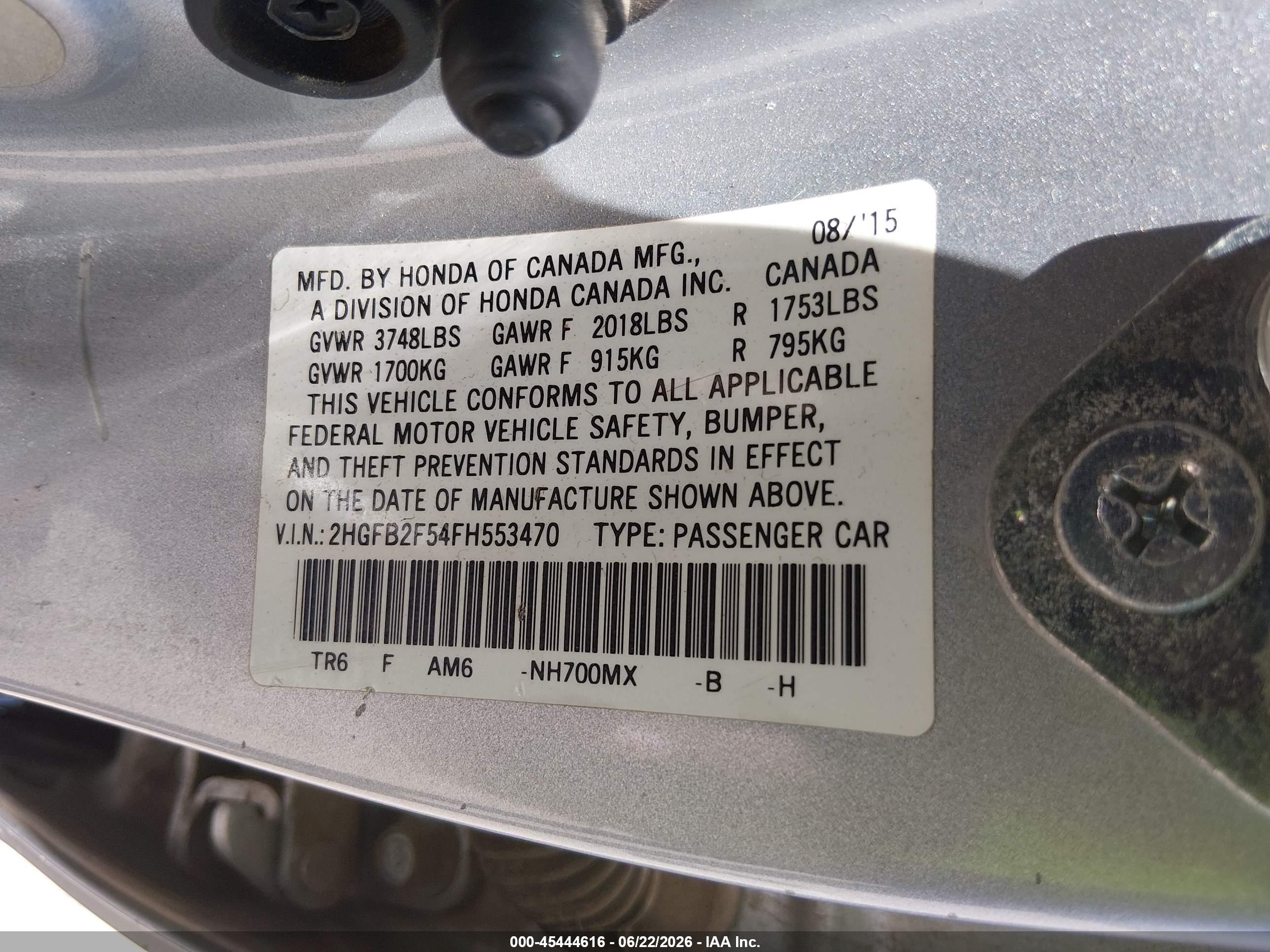2015 Honda Civic VIN 2HGFB2F54FH553470 IAAI salvage auction — Front End, Salvage (Arizona), sold $2,700 on 2026-07-09 (photo 9)