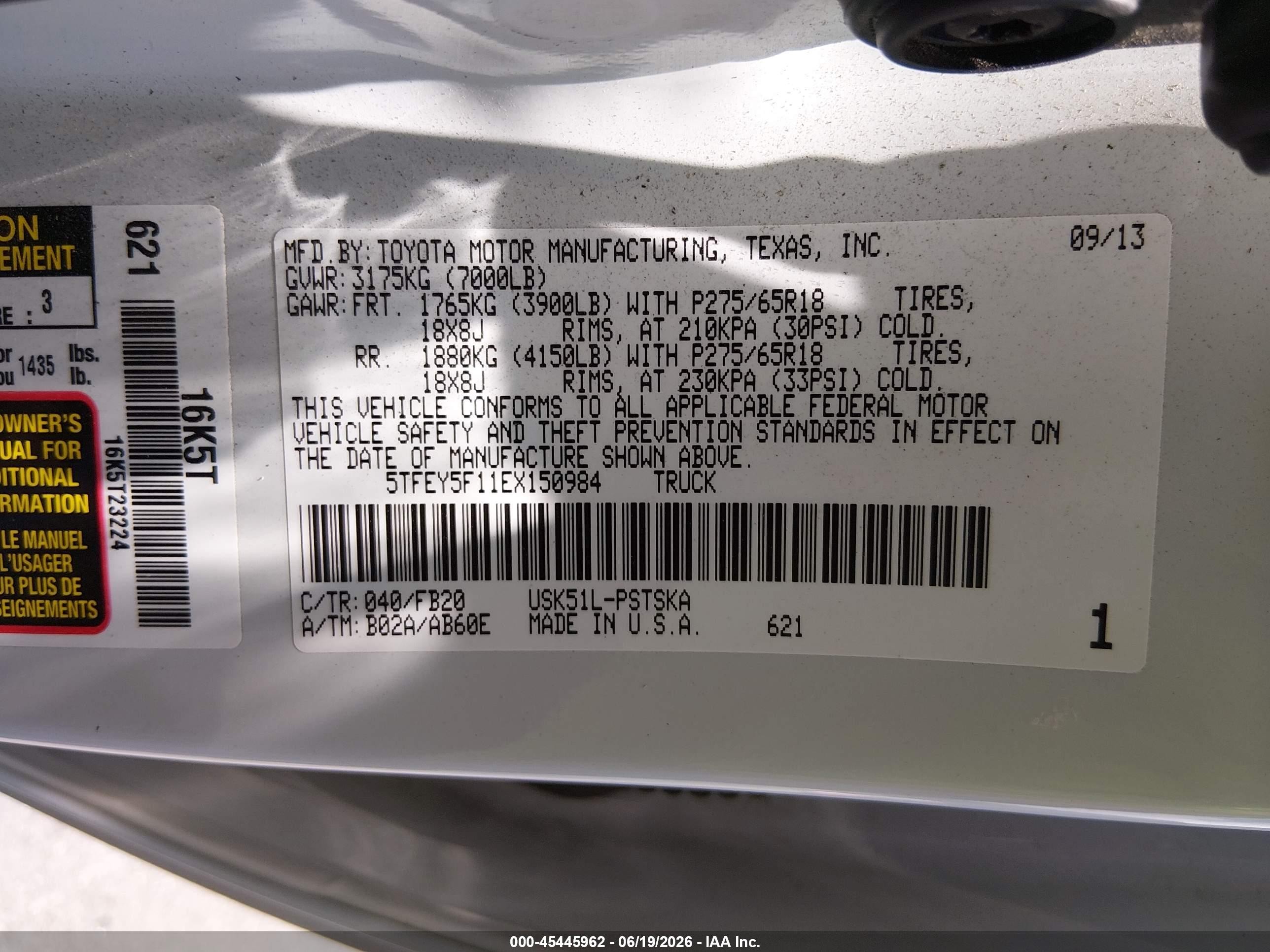2014 Toyota Tundra VIN 5TFEY5F11EX150984 IAAI salvage auction — Normal Wear, Clear - Dealer Only (California), sold $9,050 on 2026-07-09 (photo 9)