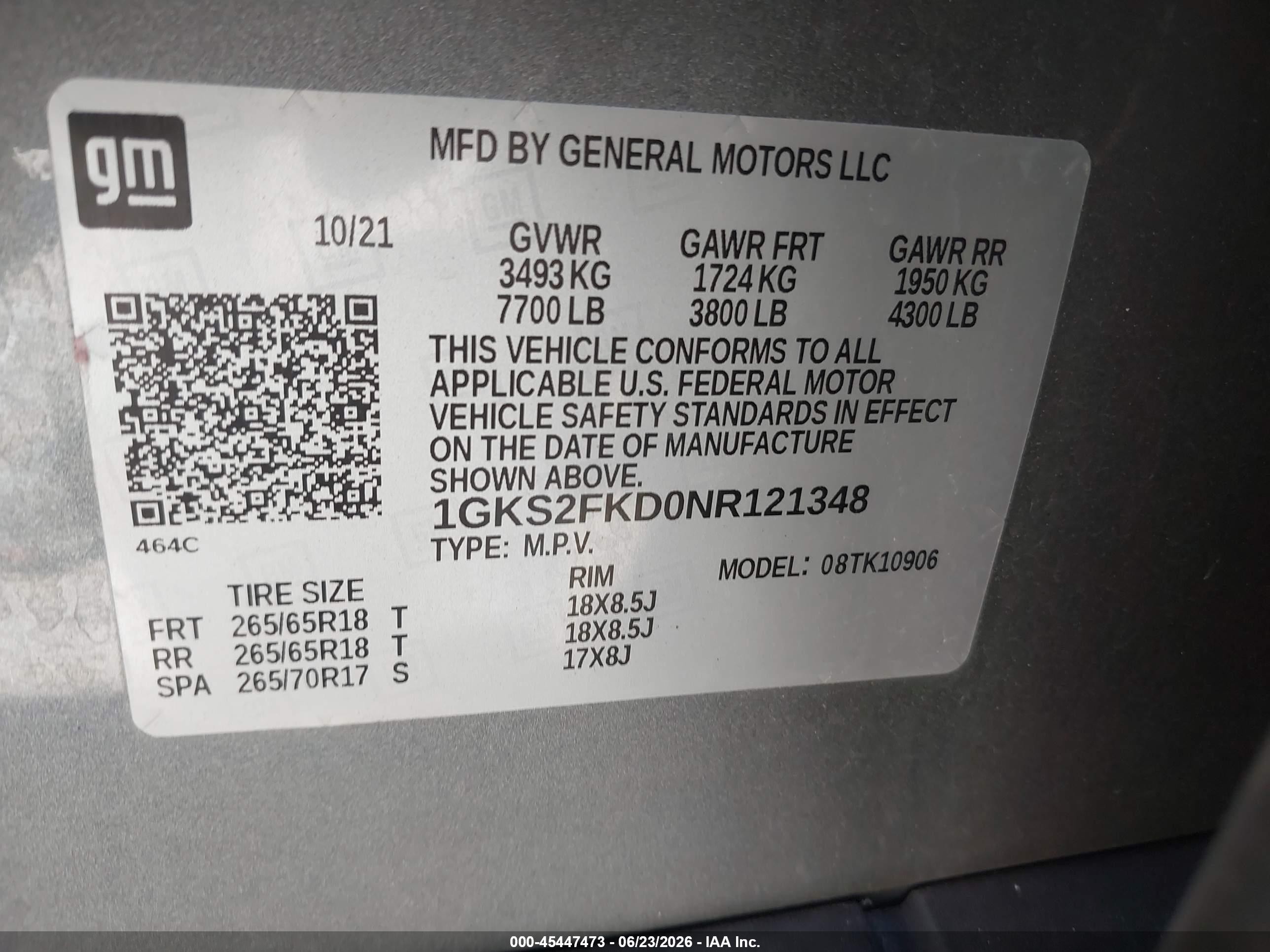 2022 GMC Yukon XL VIN 1GKS2FKD0NR121348 IAAI salvage auction — Top/Roof, Salvage (Idaho), sold $25,750 on 2026-08-21 (photo 9)