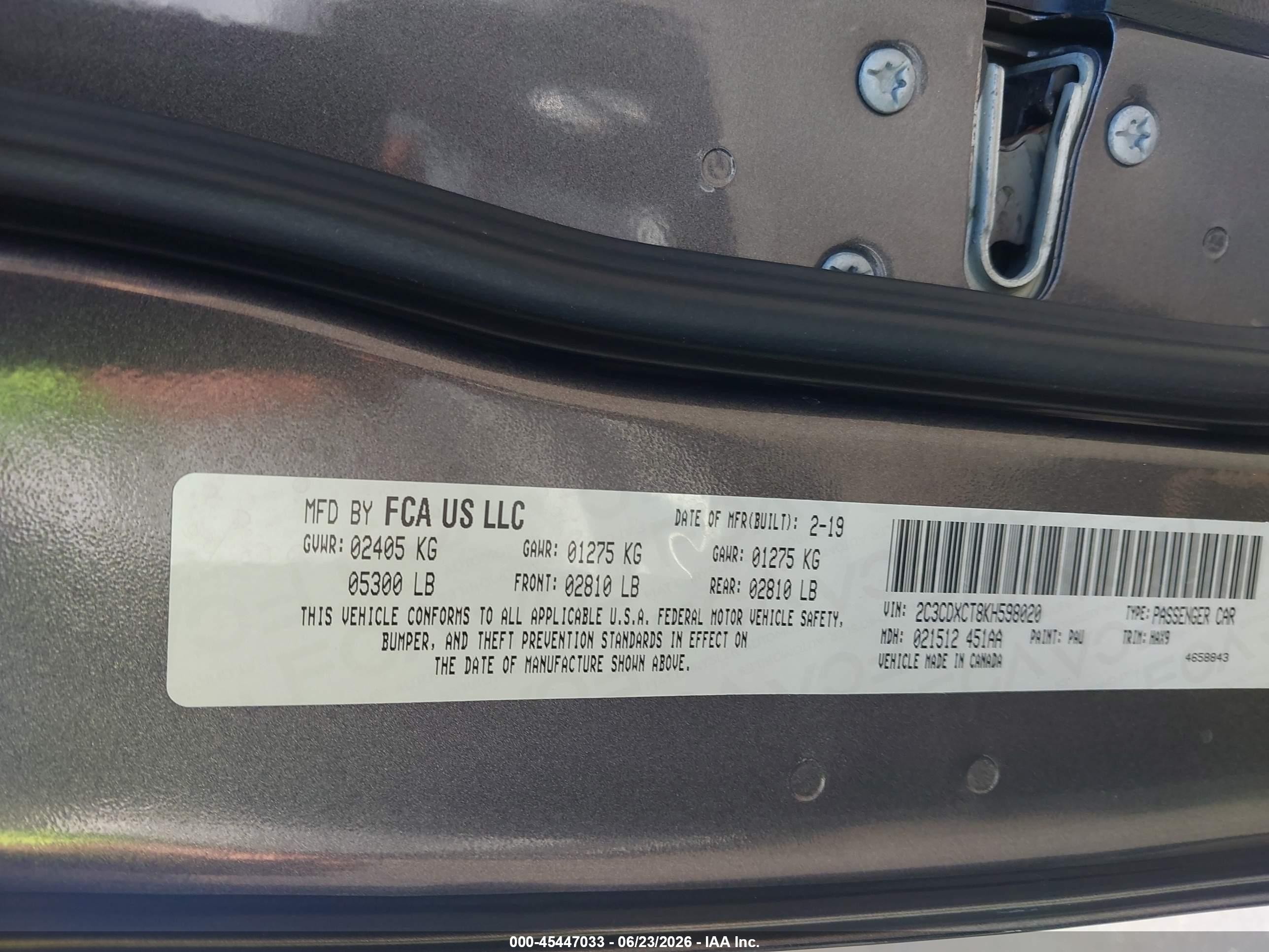 2019 Dodge Charger VIN 2C3CDXCT8KH598020 IAAI salvage auction — Front End, Salvage Certificate (California), sold $6,950 on 2026-07-10 (photo 9)