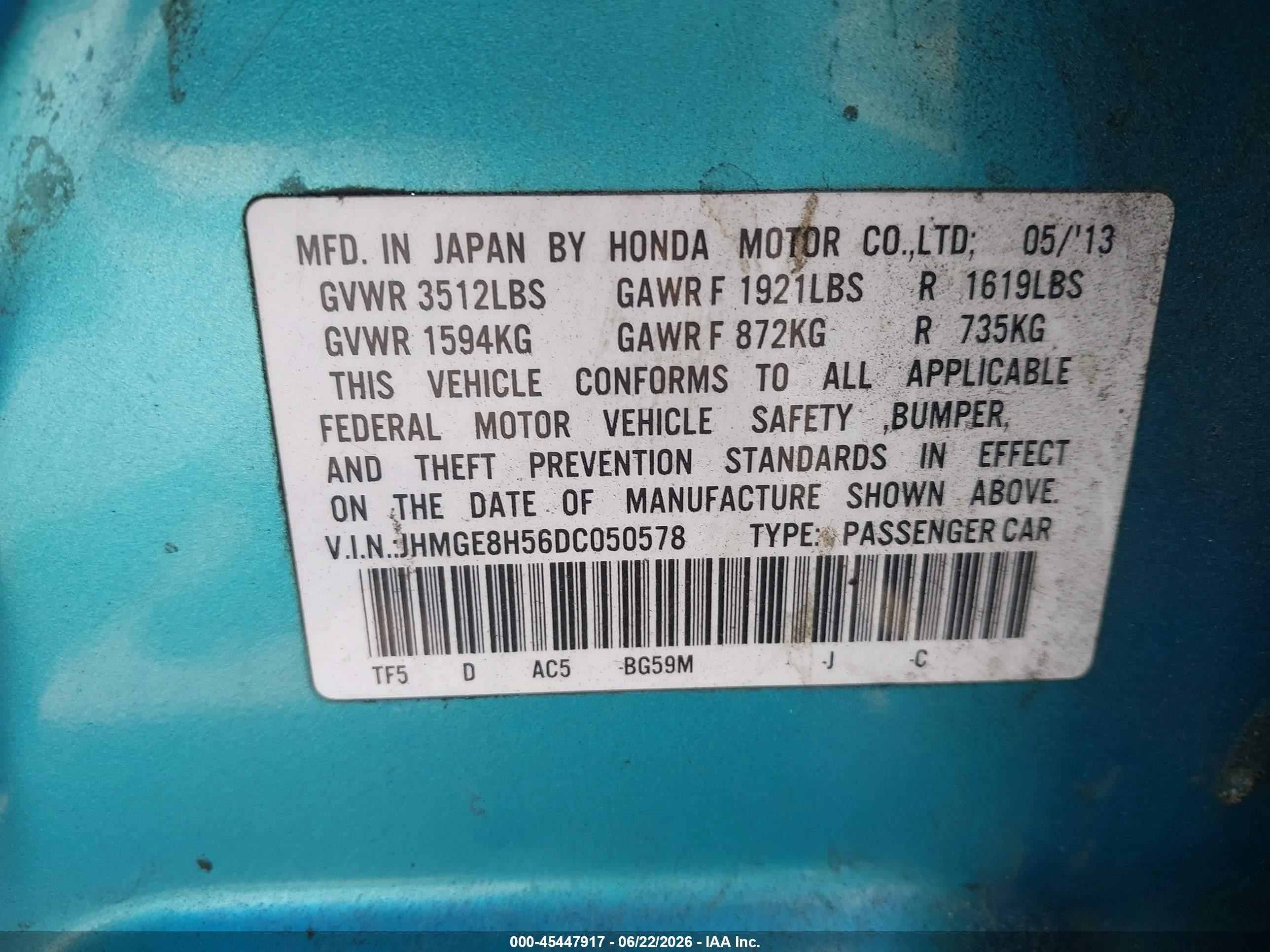 2013 Honda Fit VIN JHMGE8H56DC050578 IAAI salvage auction — Normal Wear, Clear - Dealer Only (California), sold $475 on 2026-07-09 (photo 9)