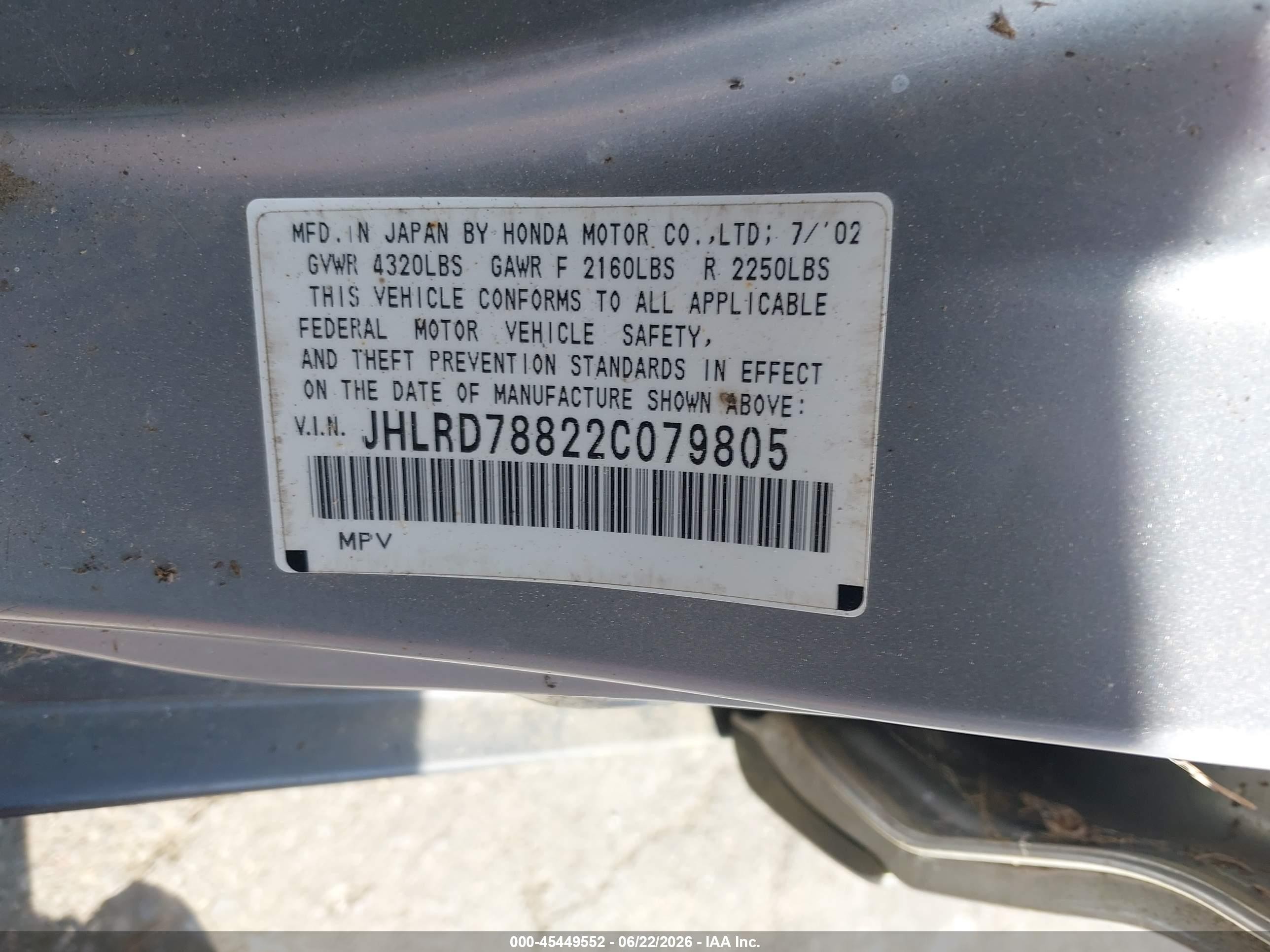 2002 Honda CR-V VIN JHLRD78822C079805 IAAI salvage auction — Normal Wear, Clear-Dealer Only (Washington), sold $225 on 2026-07-09 (photo 9)