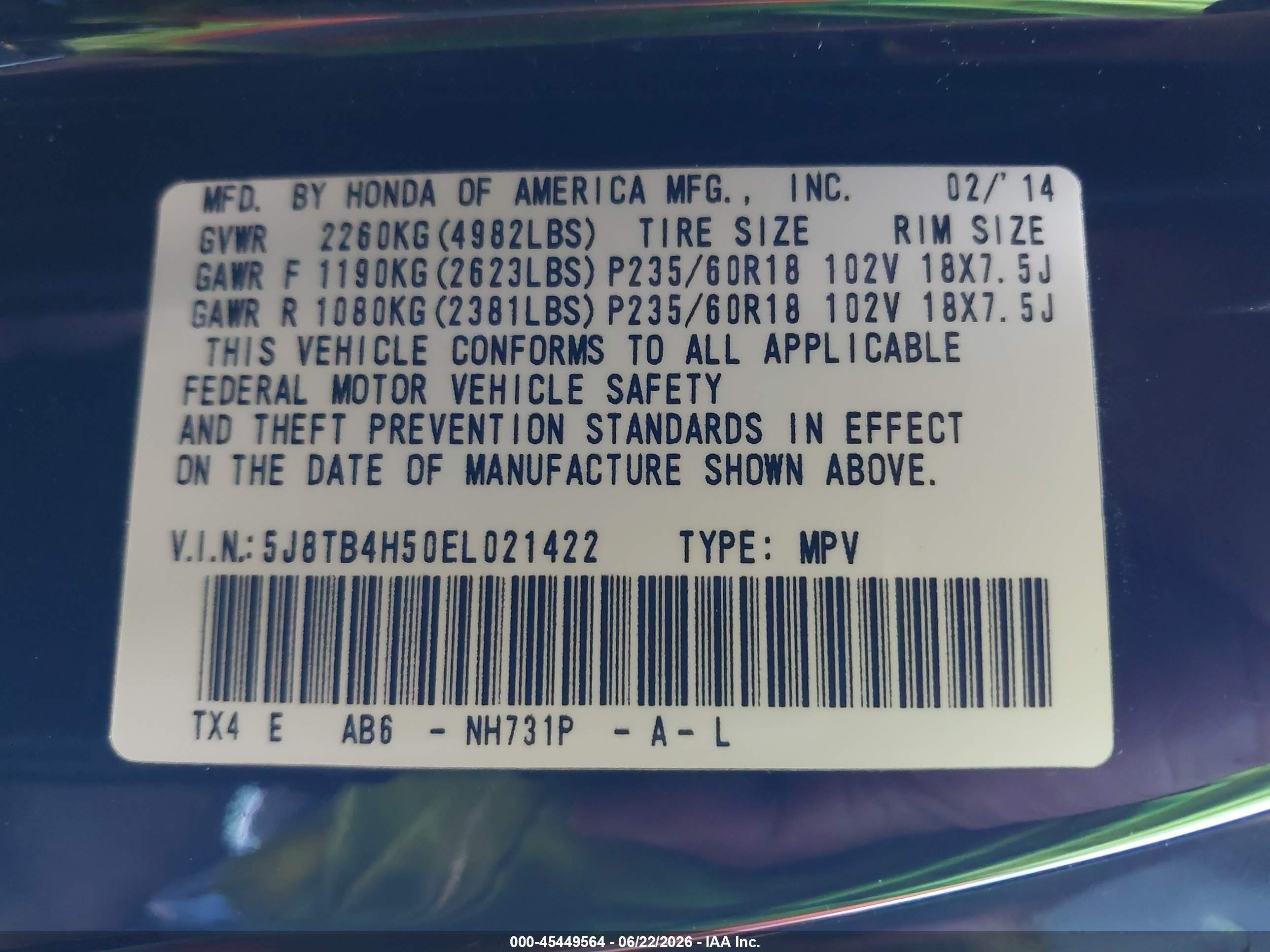 2014 Acura RDX VIN 5J8TB4H50EL021422 IAAI salvage auction — Front End, Salvage (California), sold $2,000 on 2026-07-10 (photo 9)