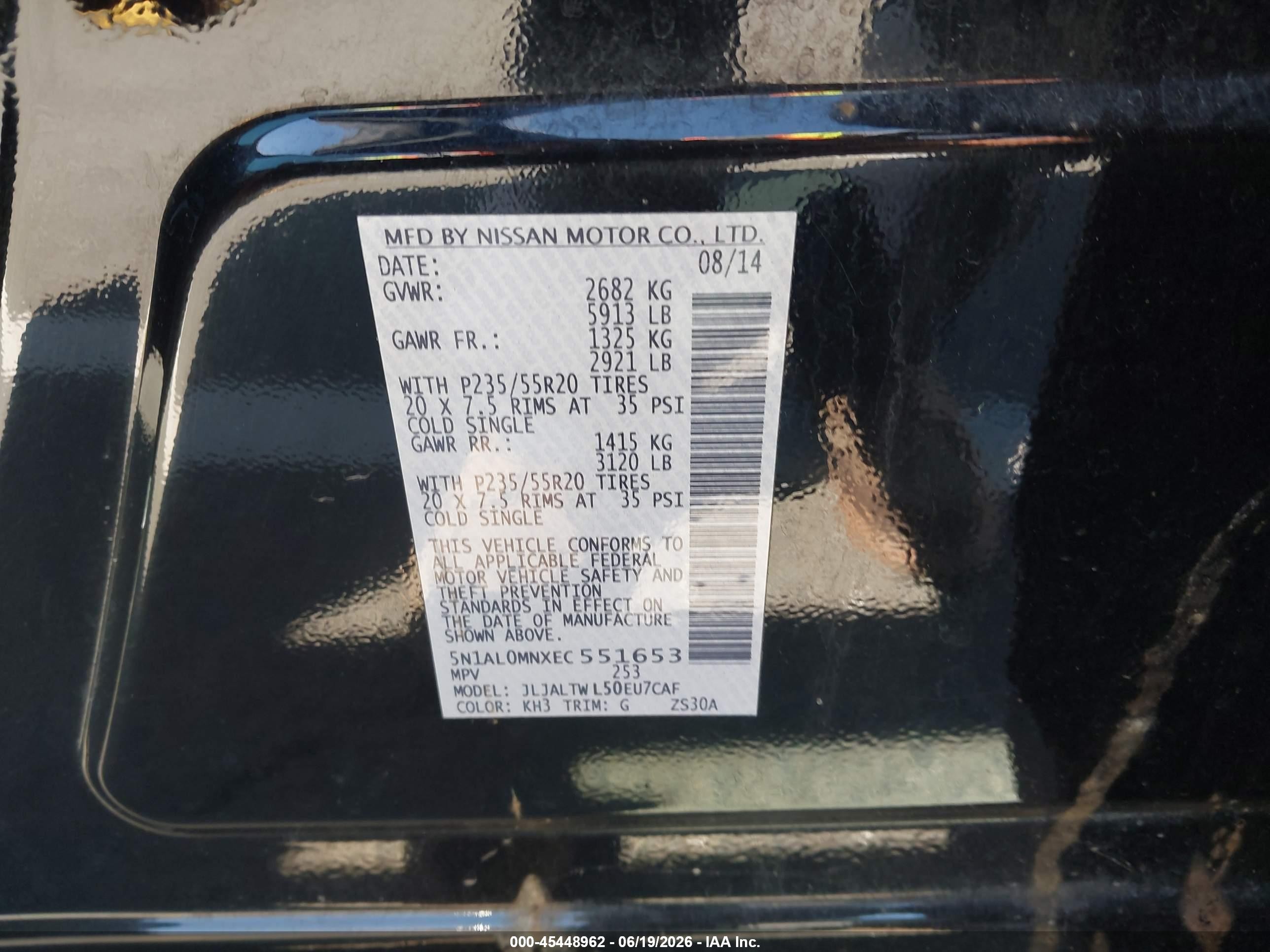2014 Infiniti Qx60 VIN 5N1AL0MNXEC551653 IAAI salvage auction — Unknown, Clear - Dealer Only (California), sold $950 on 2026-07-02 (photo 9)