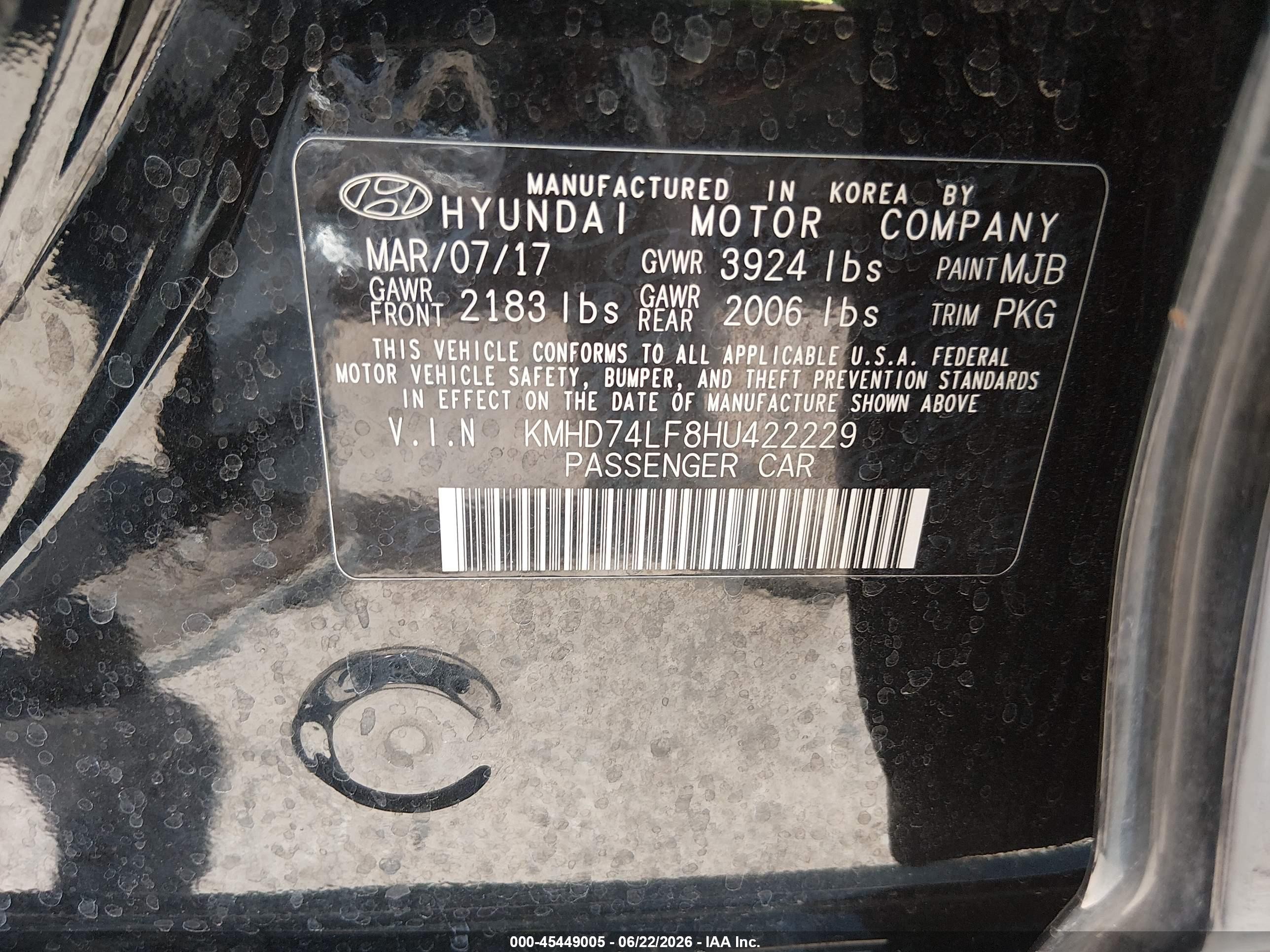 2017 Hyundai Elantra VIN KMHD74LF8HU422229 IAAI salvage auction — Front End, Salvage (Arizona), sold $525 on 2026-07-09 (photo 9)
