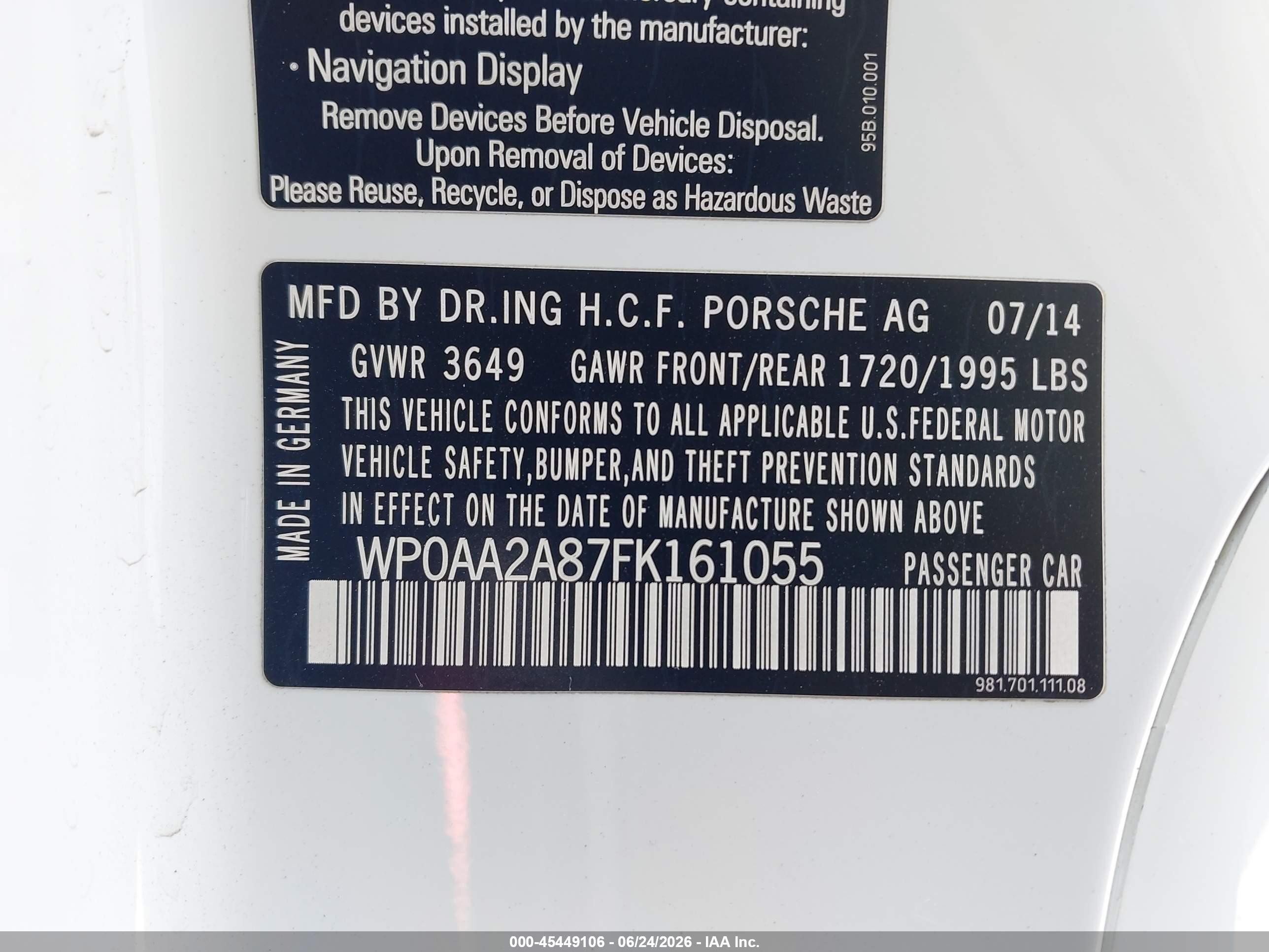 2015 Porsche Cayman VIN WP0AA2A87FK161055 IAAI salvage auction — Undercarriage, Salvage (California), sold $19,550 on 2026-08-26 (photo 9)