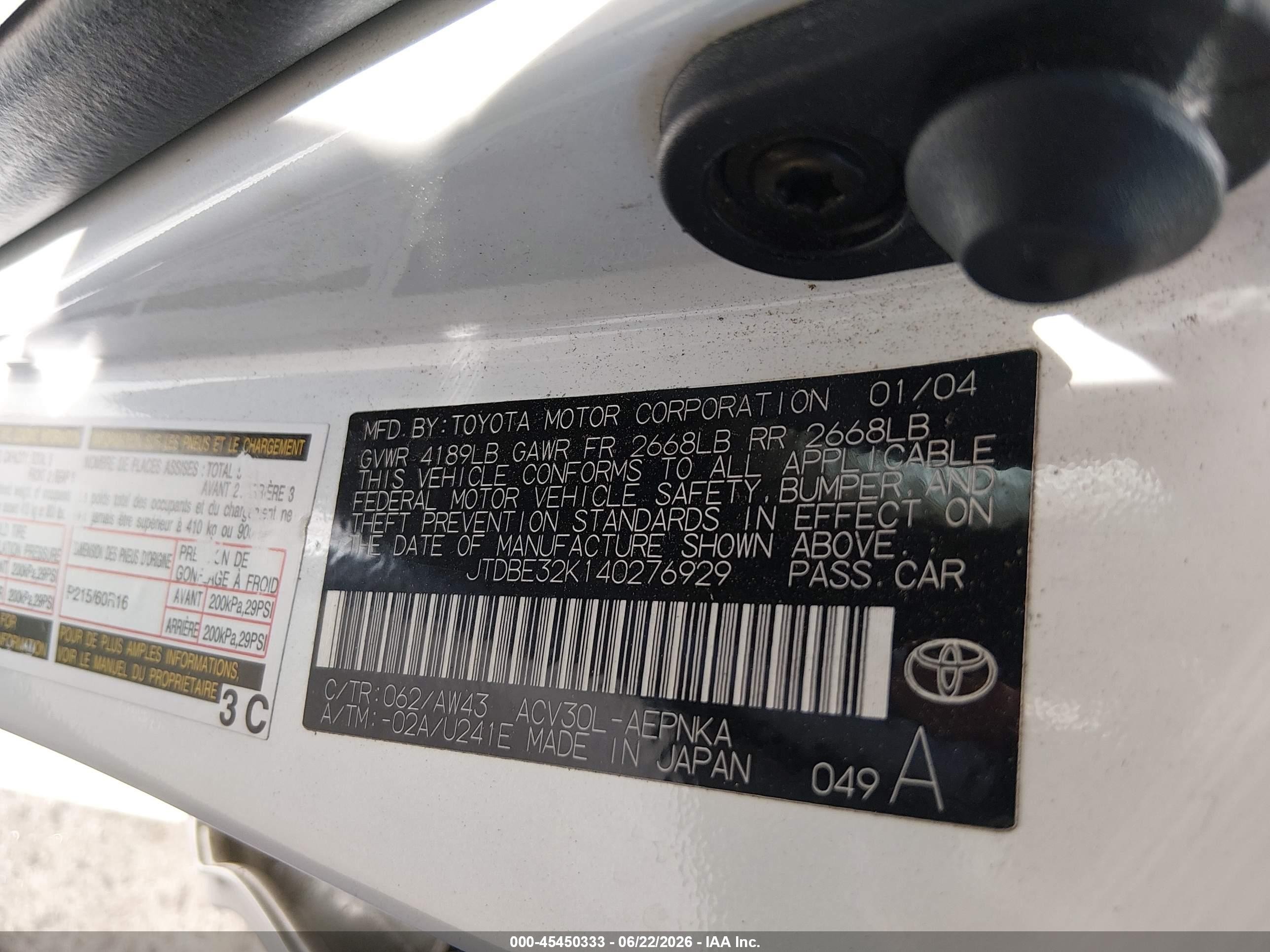 2004 Toyota Camry VIN JTDBE32K140276929 IAAI salvage auction — Normal Wear, Salvage (California), sold $600 on 2026-07-09 (photo 9)