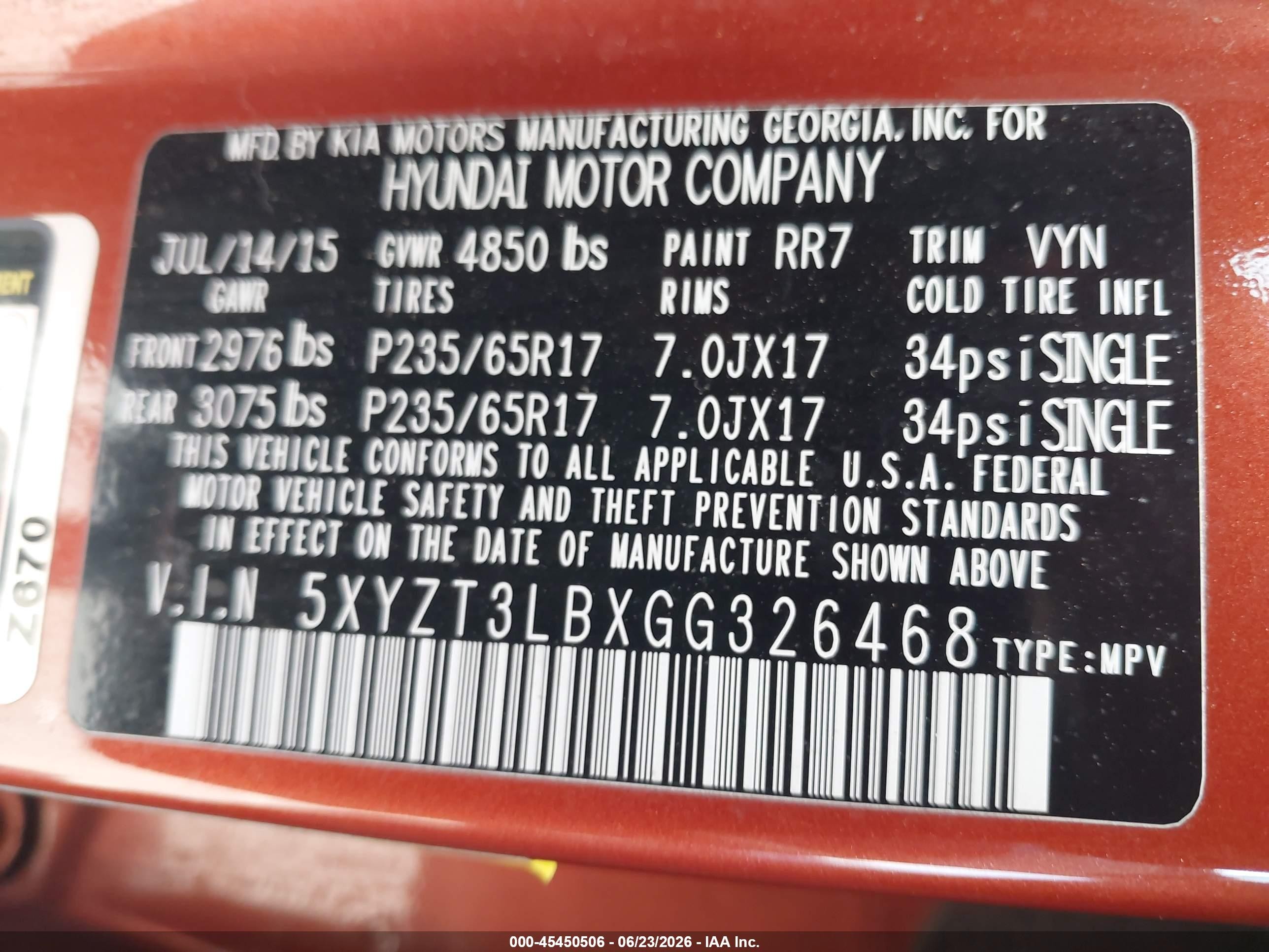 2016 Hyundai Santa Fe VIN 5XYZT3LBXGG326468 IAAI salvage auction — Normal Wear, Clear - Dealer Only (California), sold $350 on 2026-07-02 (photo 9)