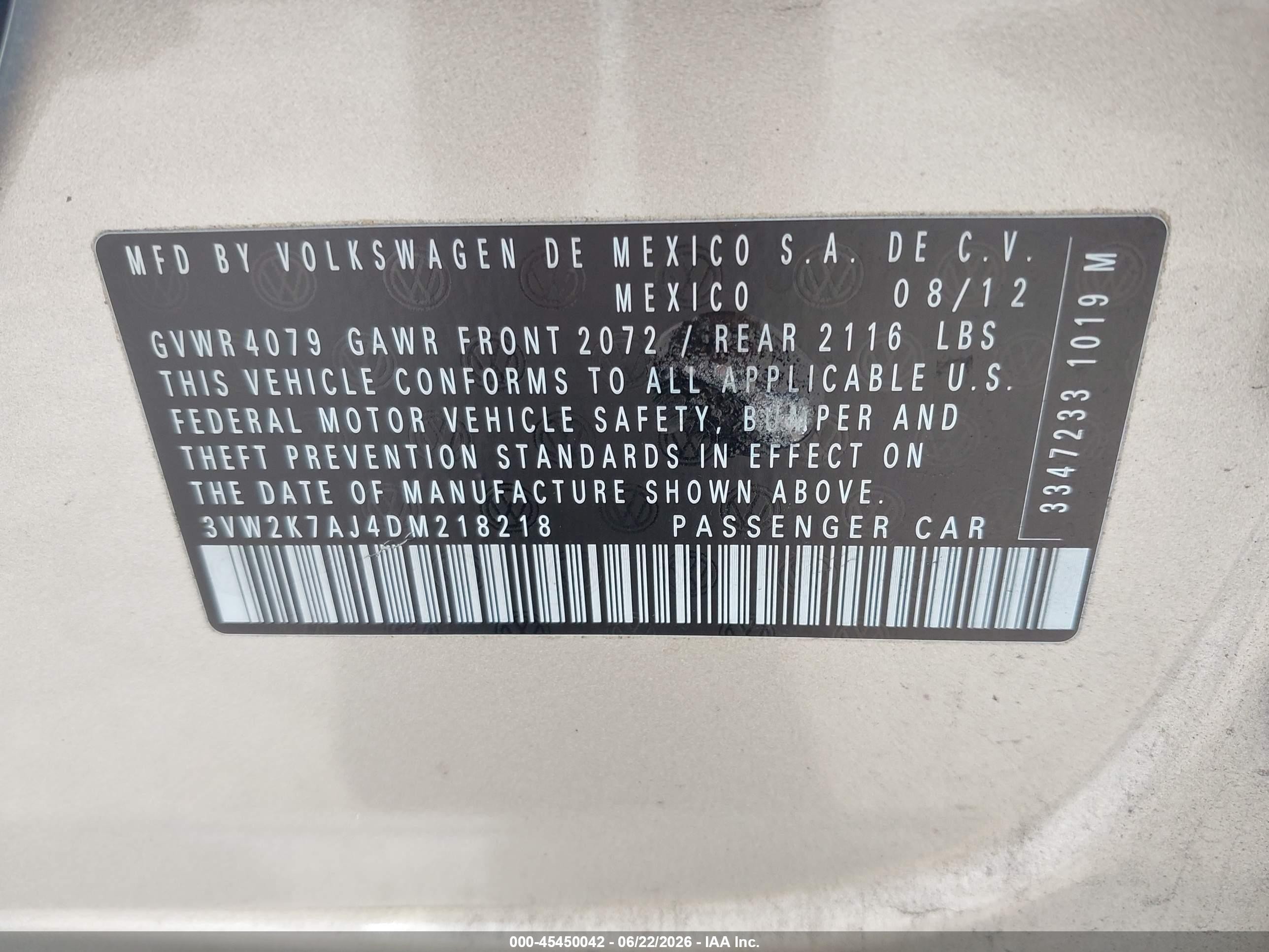 2013 Volkswagen Jetta VIN 3VW2K7AJ4DM218218 IAAI salvage auction — Normal Wear, Clear-Dealer Only (Oregon), sold $375 on 2026-07-09 (photo 9)