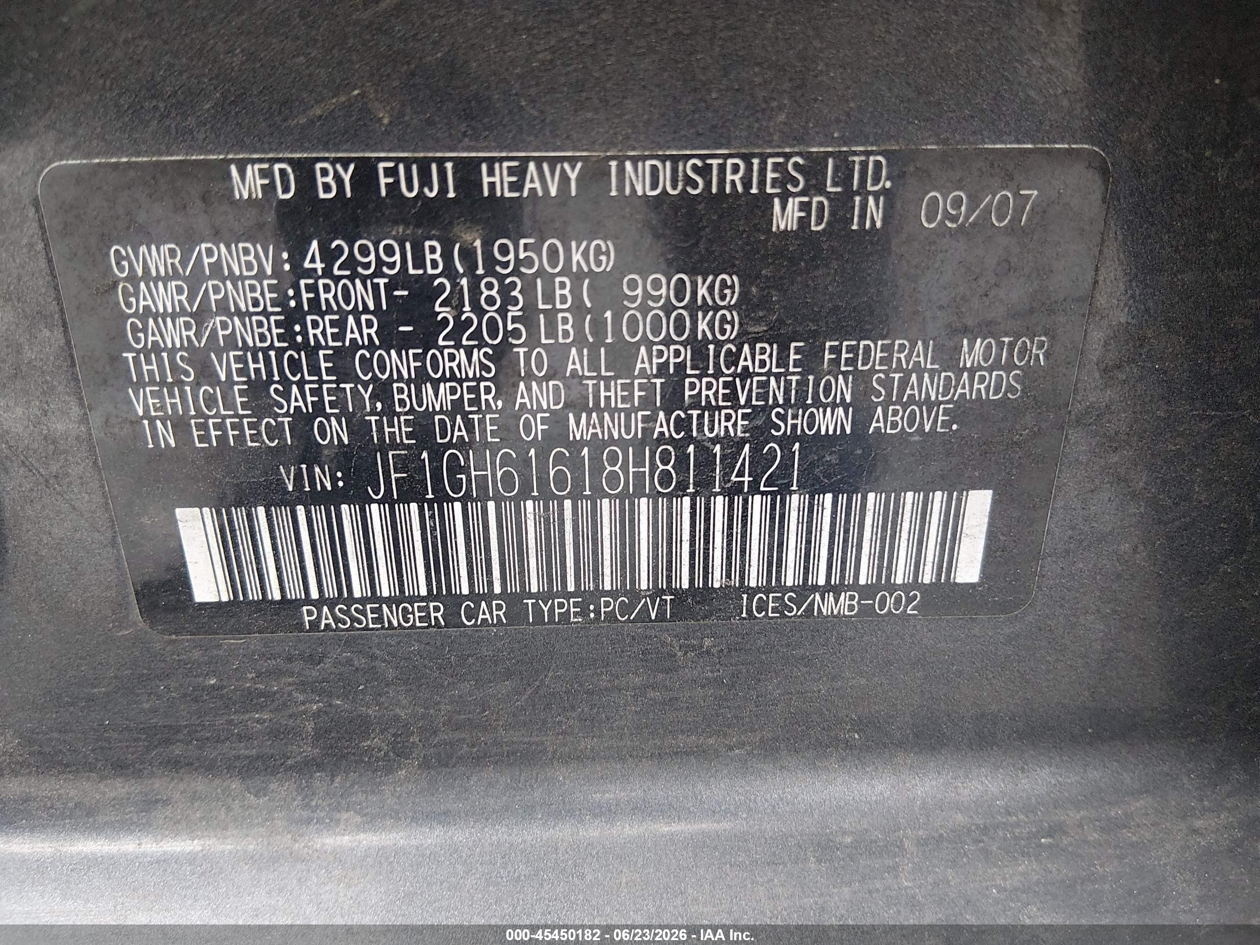 2008 Subaru Impreza VIN JF1GH61618H811421 IAAI salvage auction — Normal Wear, Salvage (California), sold $300 on 2026-07-09 (photo 9)