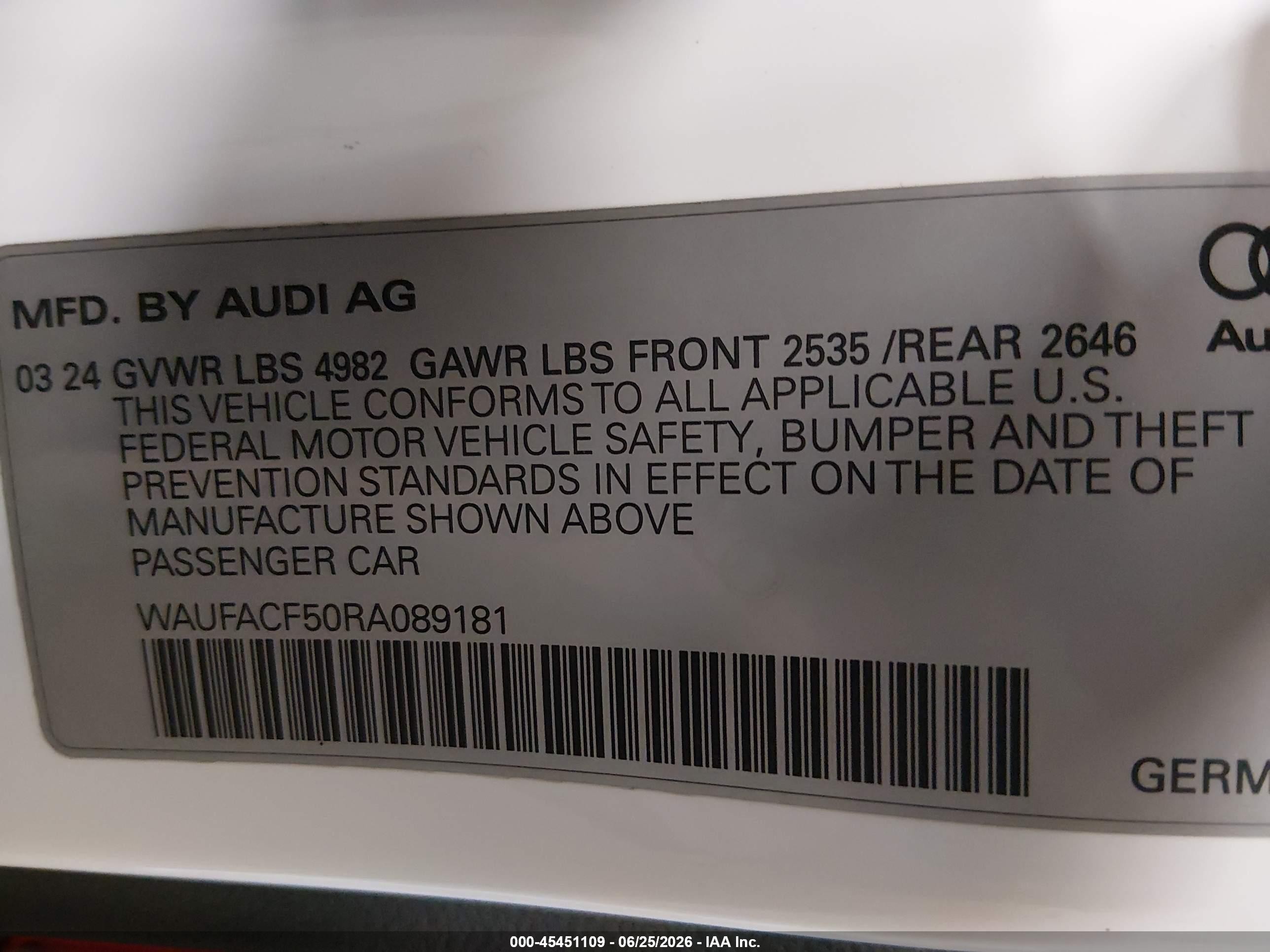 2024 Audi A5 VIN WAUFACF50RA089181 IAAI salvage auction — Front End, Salvage (Nebraska), sold $9,150 on 2026-09-08 (photo 9)