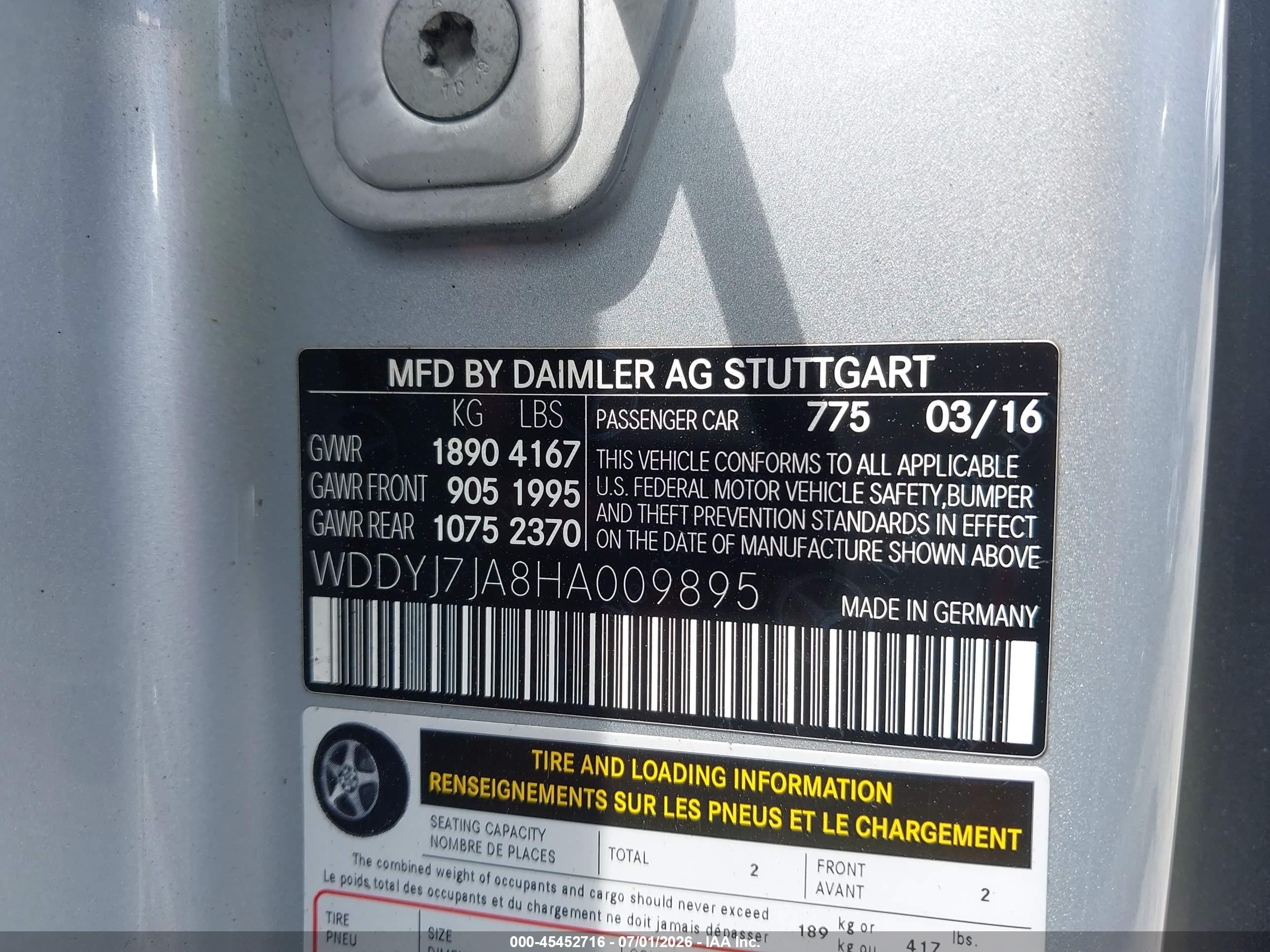 2017 Mercedes-Benz AMG-Class VIN WDDYJ7JA8HA009895 IAAI salvage auction — Unknown, Salvage (South Carolina), sold $31,500 on 2026-08-10 (photo 9)