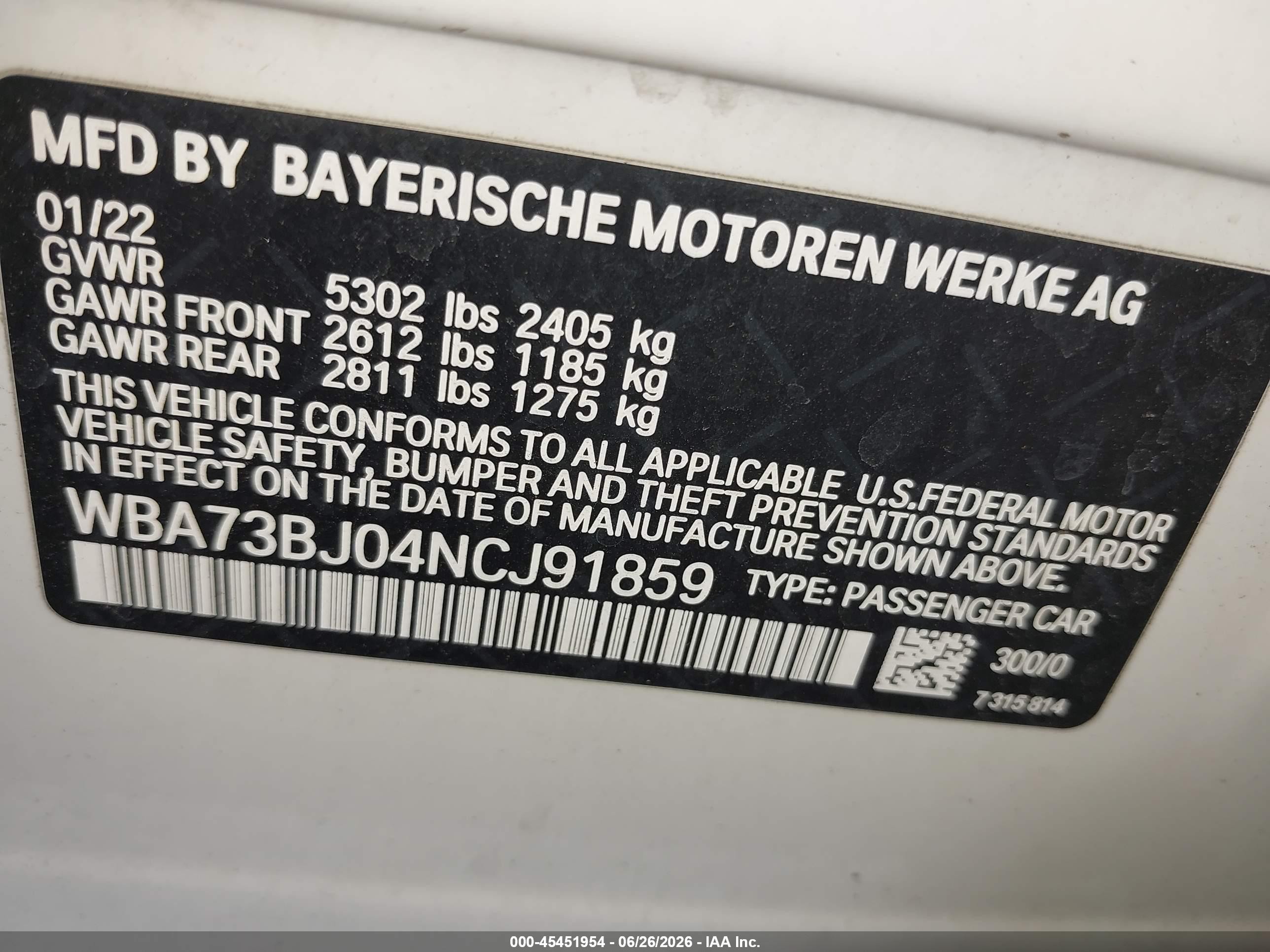 2022 BMW 5 Series VIN WBA73BJ04NCJ91859 IAAI salvage auction — Front End, Salvage (Idaho), sold $25,500 on 2026-09-24 (photo 9)