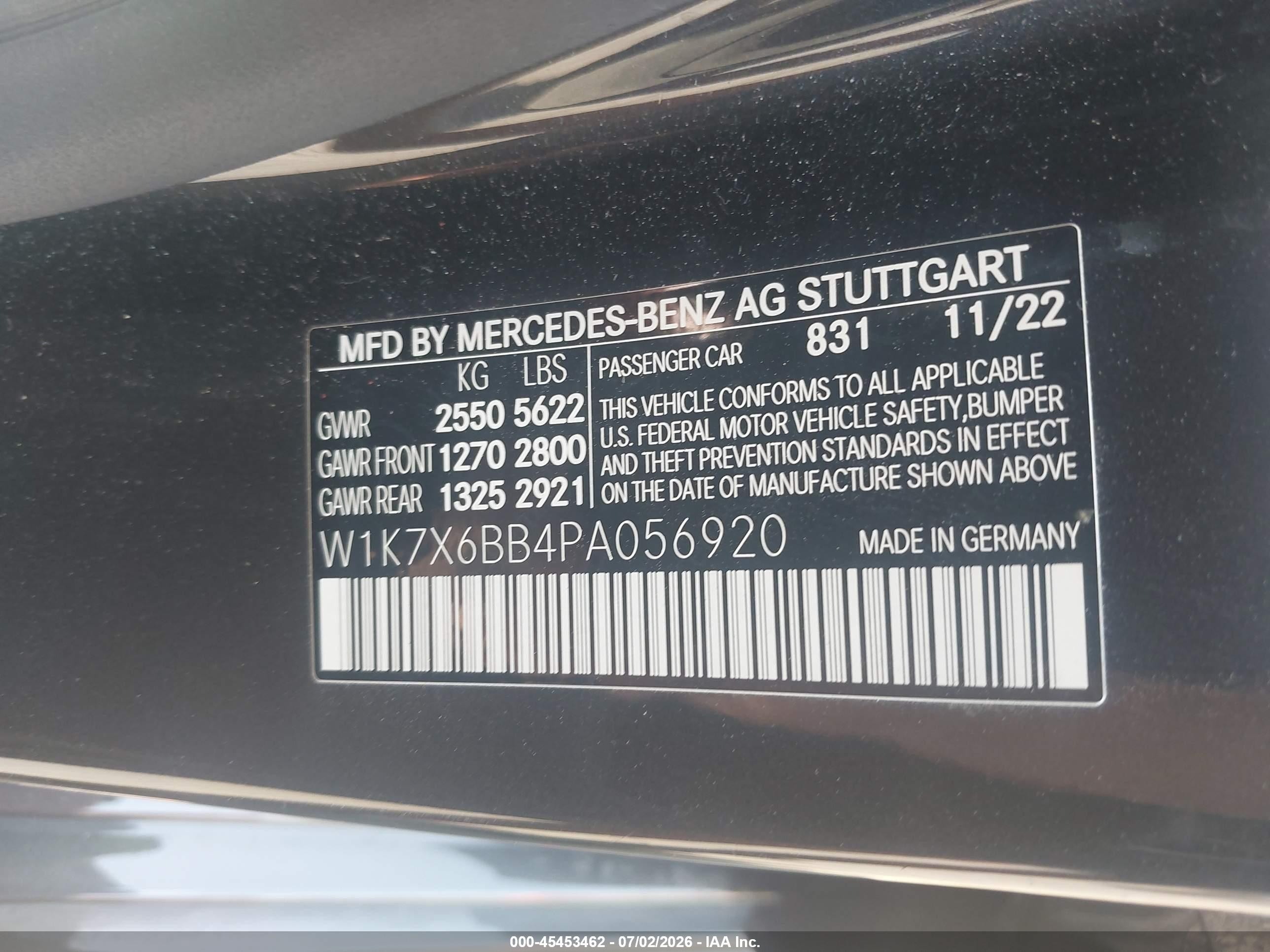 2023 Mercedes-benz VIN W1K7X6BB4PA056920 IAAI salvage auction — Unknown, Mv-907A (New York), sold $36,650 on 2026-08-03 (photo 9)