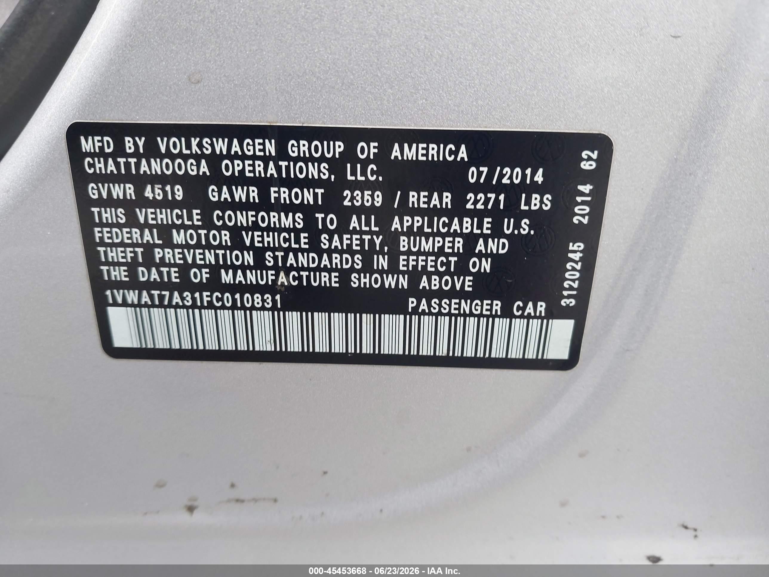 2015 Volkswagen Passat VIN 1VWAT7A31FC010831 IAAI salvage auction — Normal Wear, Clear - Dealer Only (California), sold $1,050 on 2026-07-08 (photo 9)
