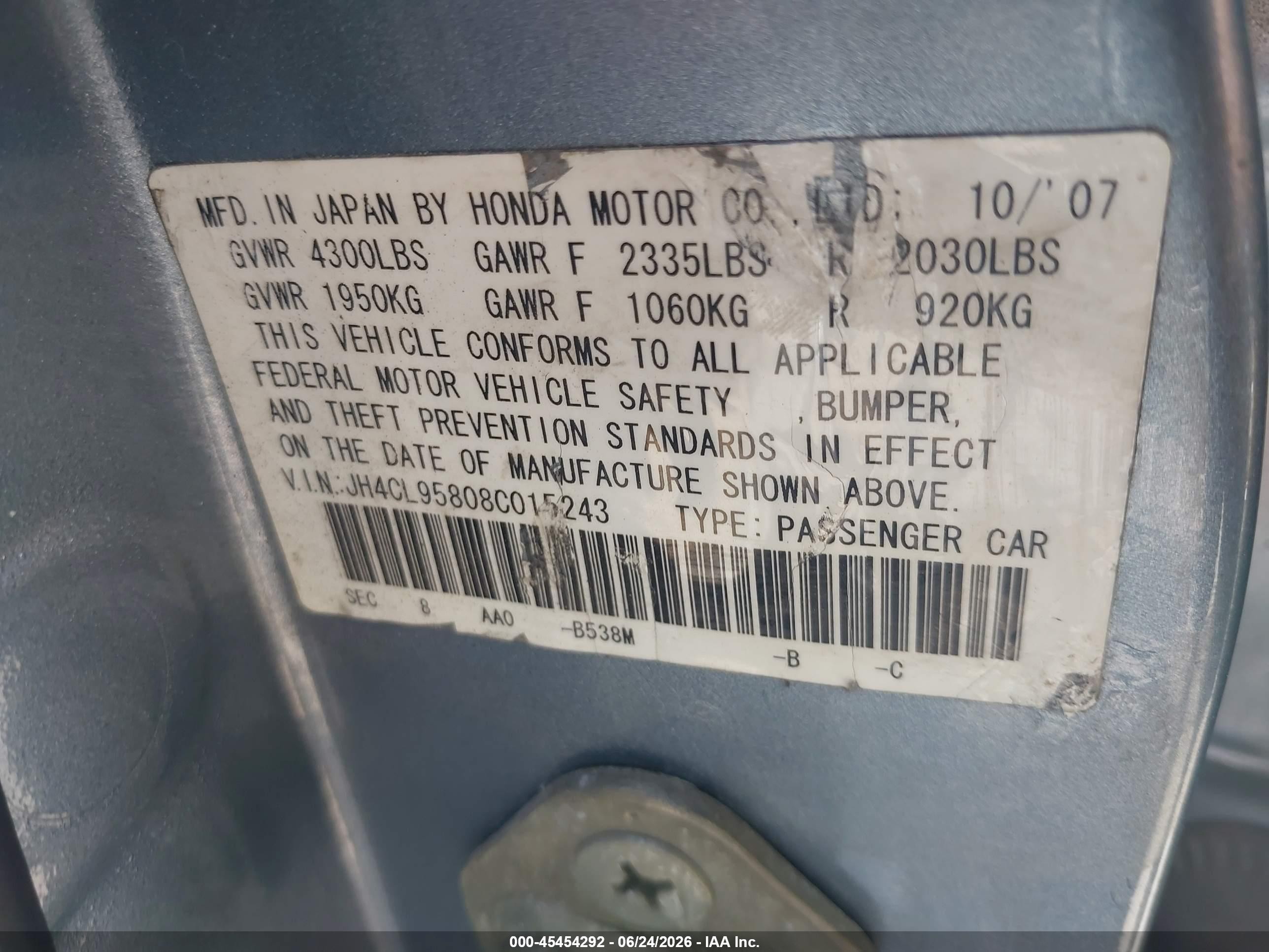 2008 Acura TSX VIN JH4CL95808C015243 IAAI salvage auction — Normal Wear, Clear (North Dakota), sold $1,125 on 2026-07-07 (photo 9)