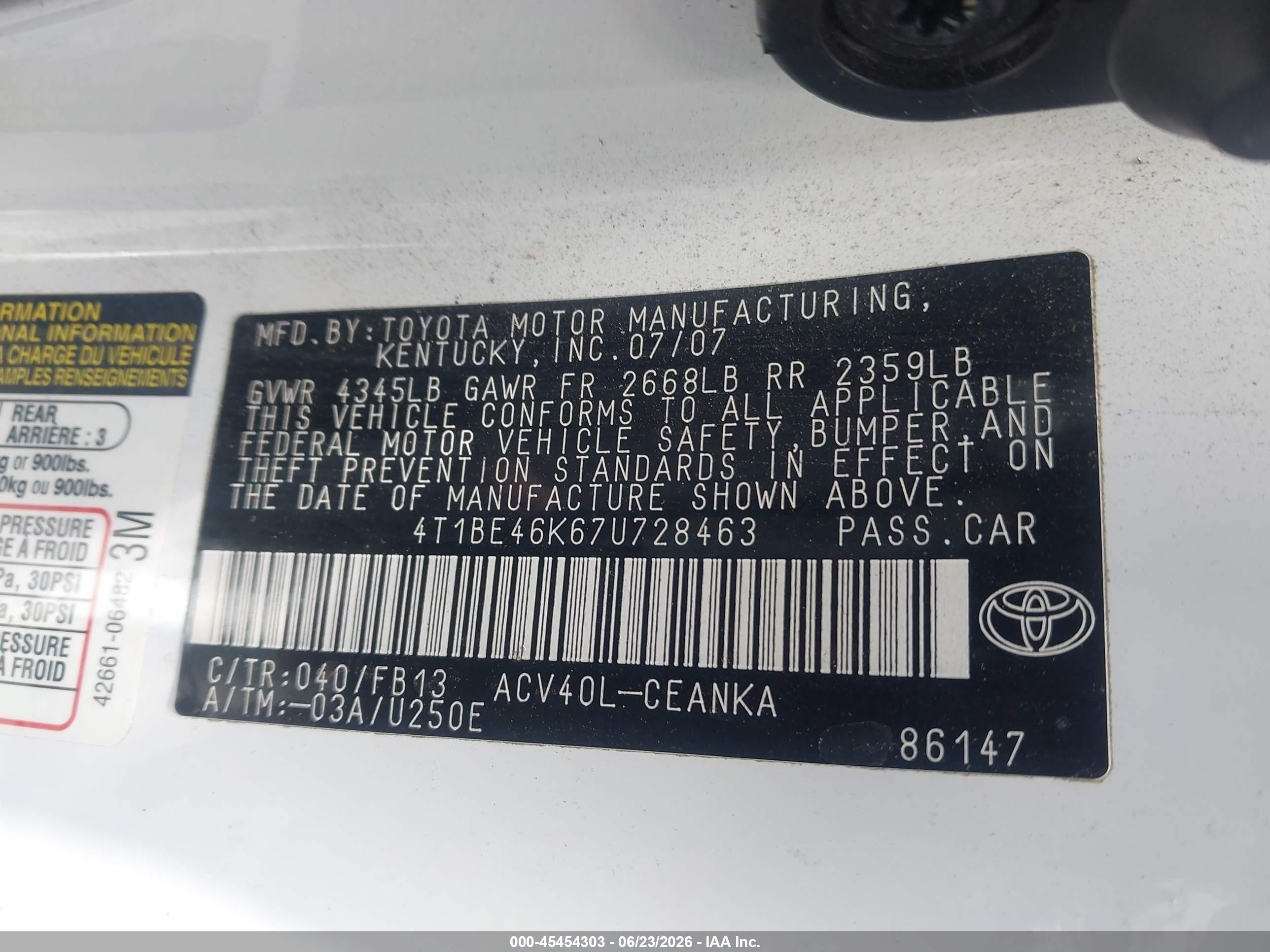 2007 Toyota Camry VIN 4T1BE46K67U728463 IAAI salvage auction — Normal Wear, Clear - Dealer Only (California), sold $650 on 2026-07-09 (photo 9)