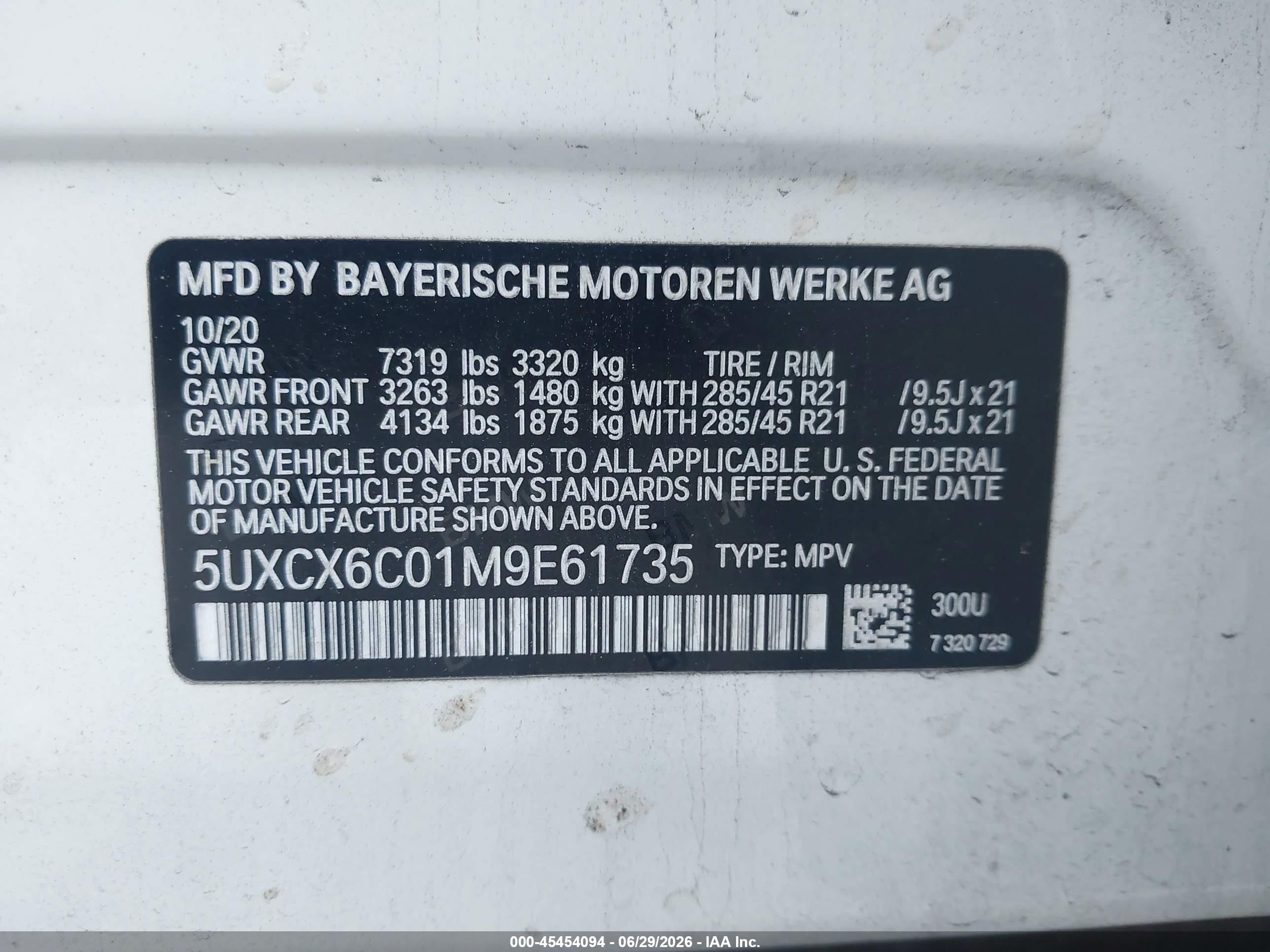 2021 BMW X7 VIN 5UXCX6C01M9E61735 IAAI salvage auction — Theft, Salvage (Pennsylvania), sold $22,950 on 2026-08-18 (photo 9)