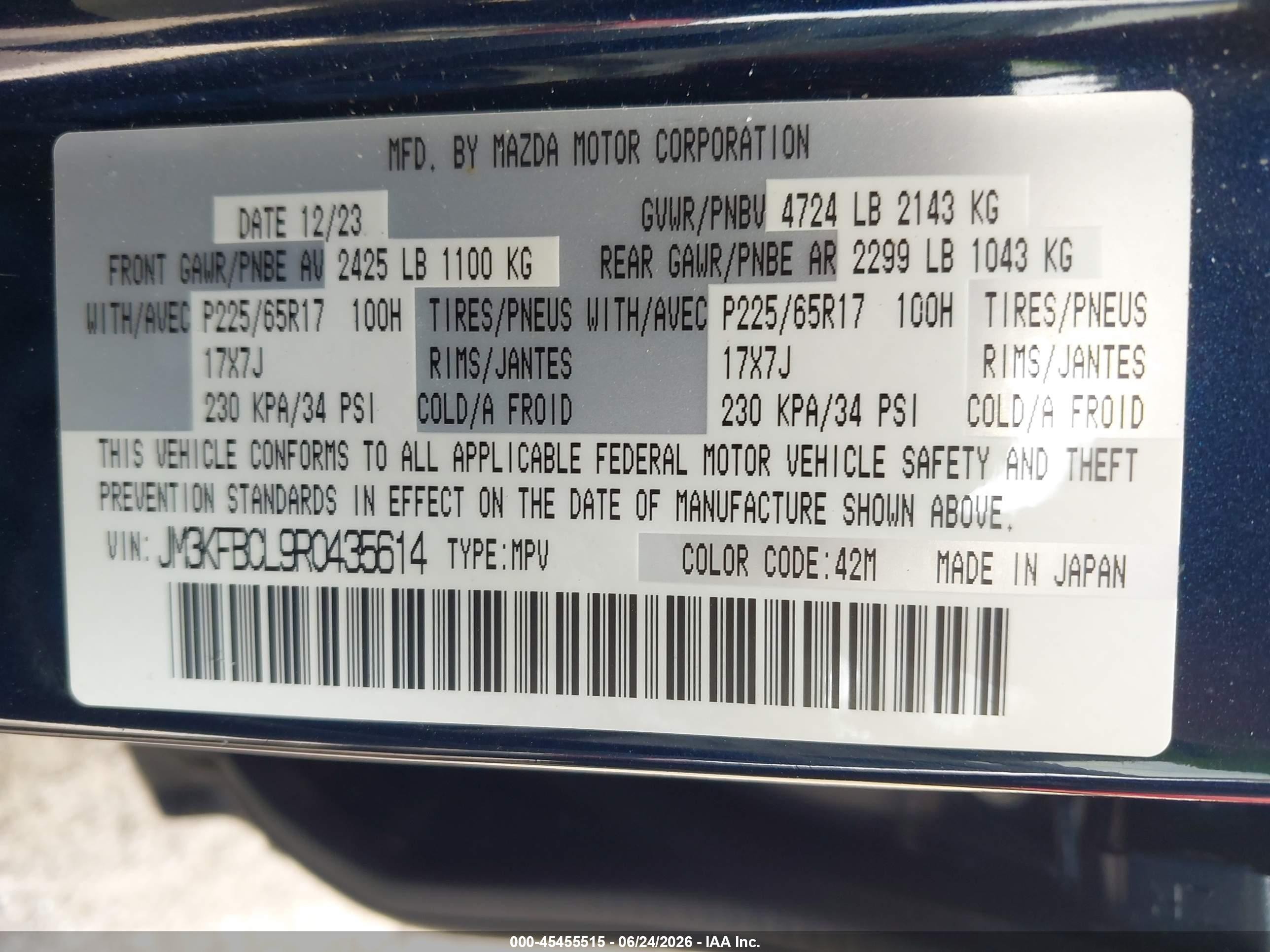 2024 Mazda Cx-5 VIN JM3KFBCL9R0435614 IAAI salvage auction — Side, Salvage (Florida), sold $5,400 on 2026-09-03 (photo 9)