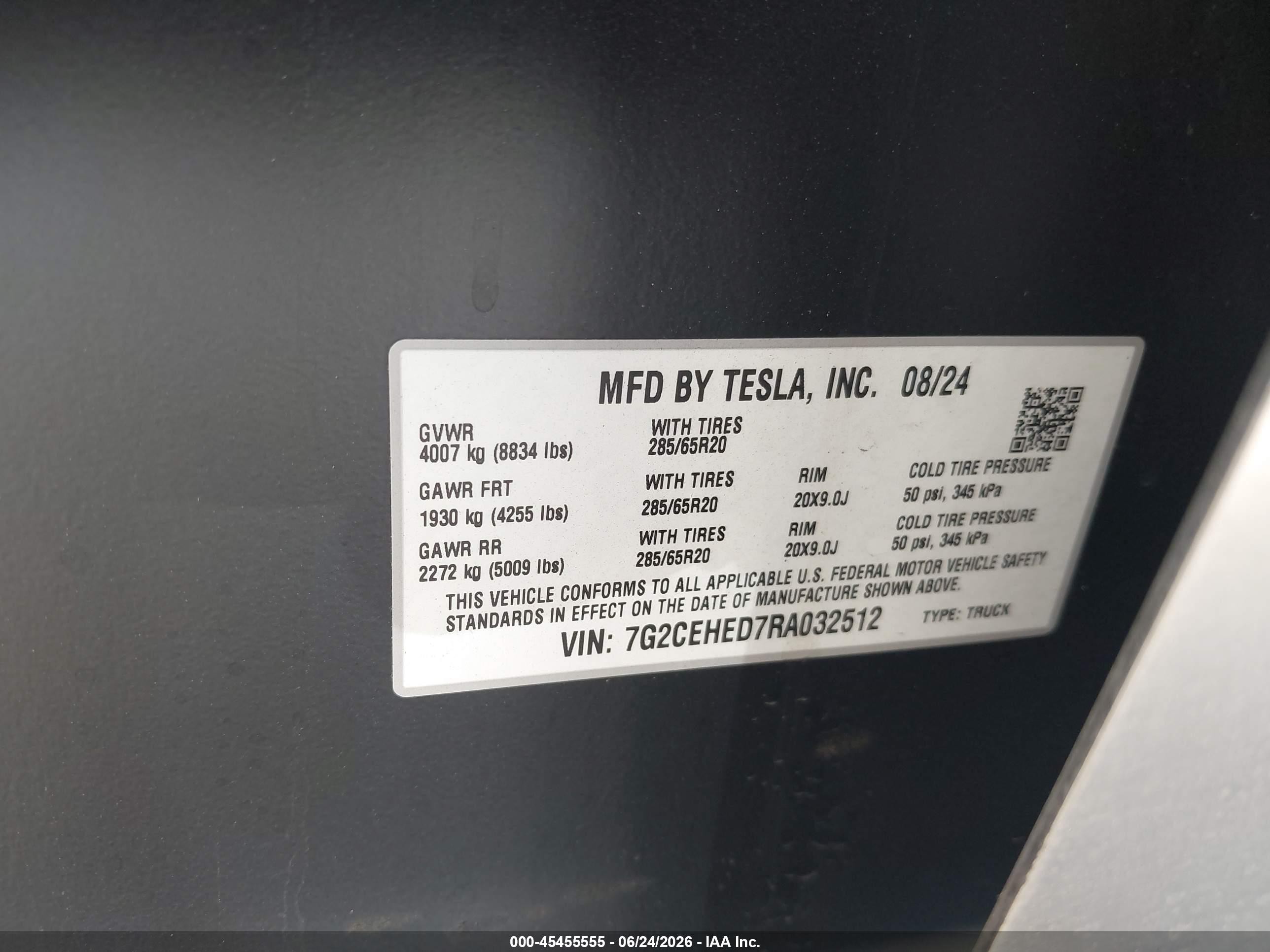 2024 Tesla Cybertruck VIN 7G2CEHED7RA032512 IAAI salvage auction — Front End, Salvage (California), sold $30,000 on 2026-09-06 (photo 9)