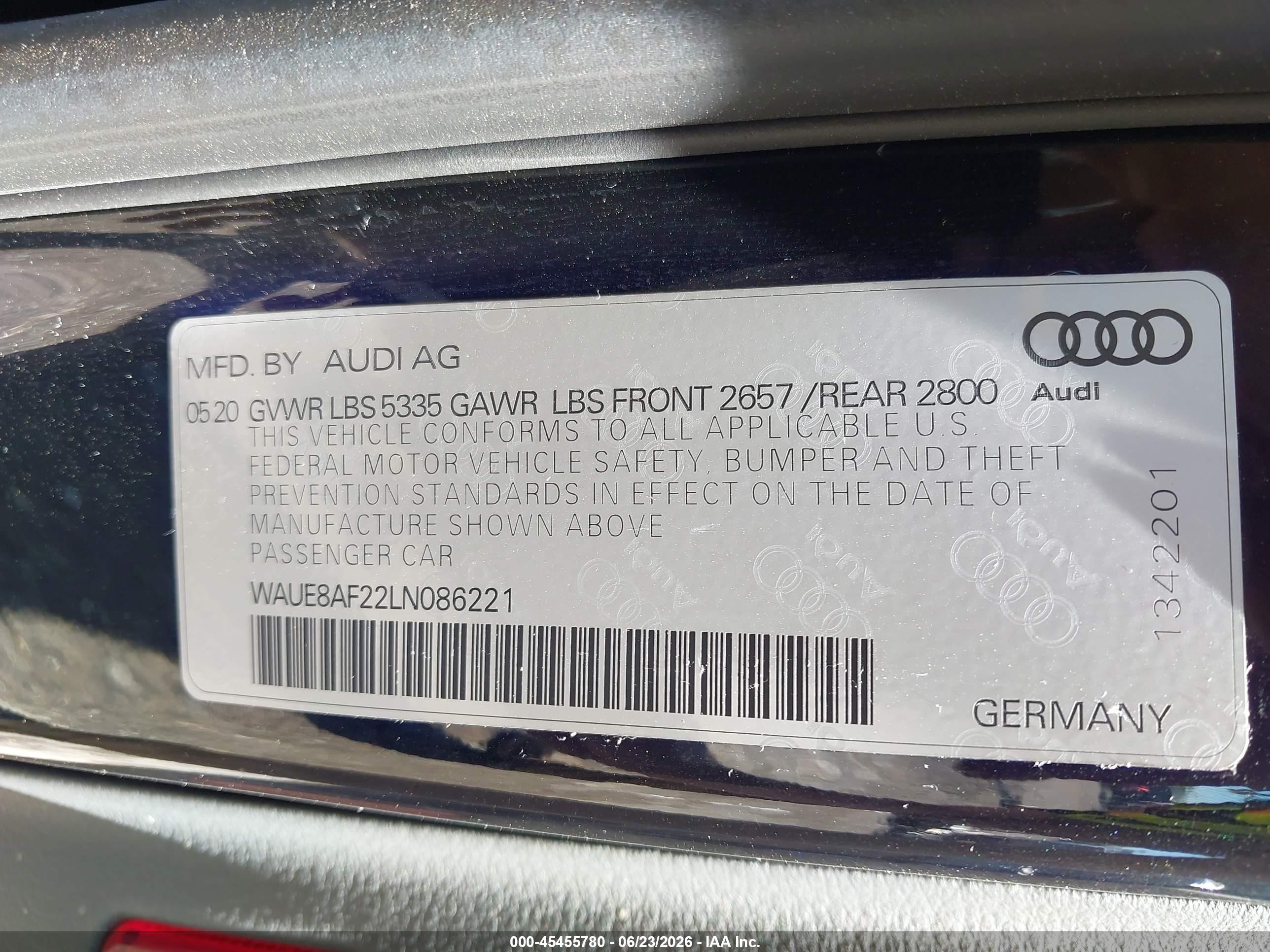2020 Audi A6 VIN WAUE8AF22LN086221 IAAI salvage auction — Front End, Salvage (Kentucky), sold $10,950 on 2026-09-08 (photo 9)