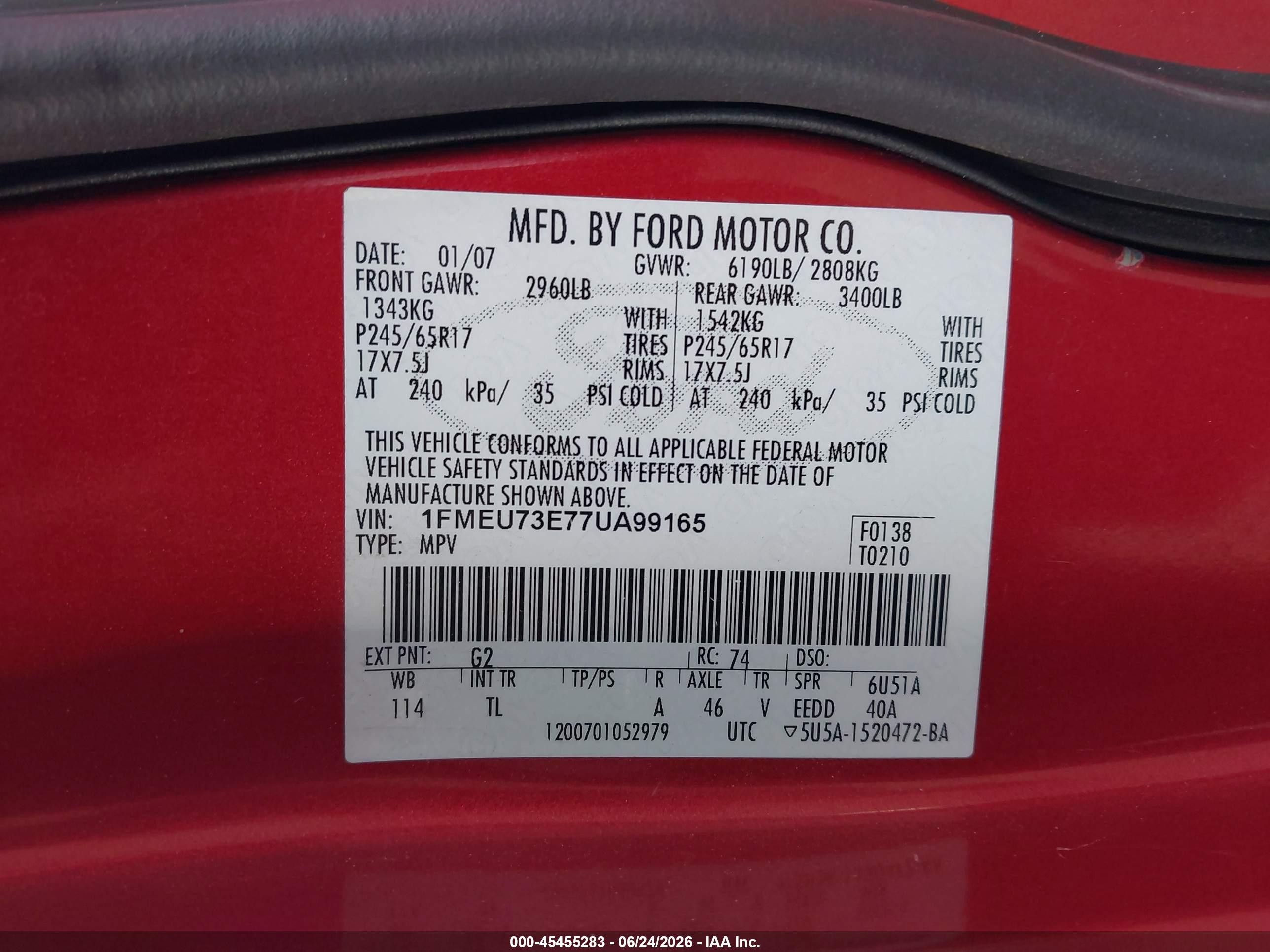 2007 Ford Explorer VIN 1FMEU73E77UA99165 IAAI salvage auction — Front End, Clear-Dealer Only (Oregon), sold $275 on 2026-07-02 (photo 9)
