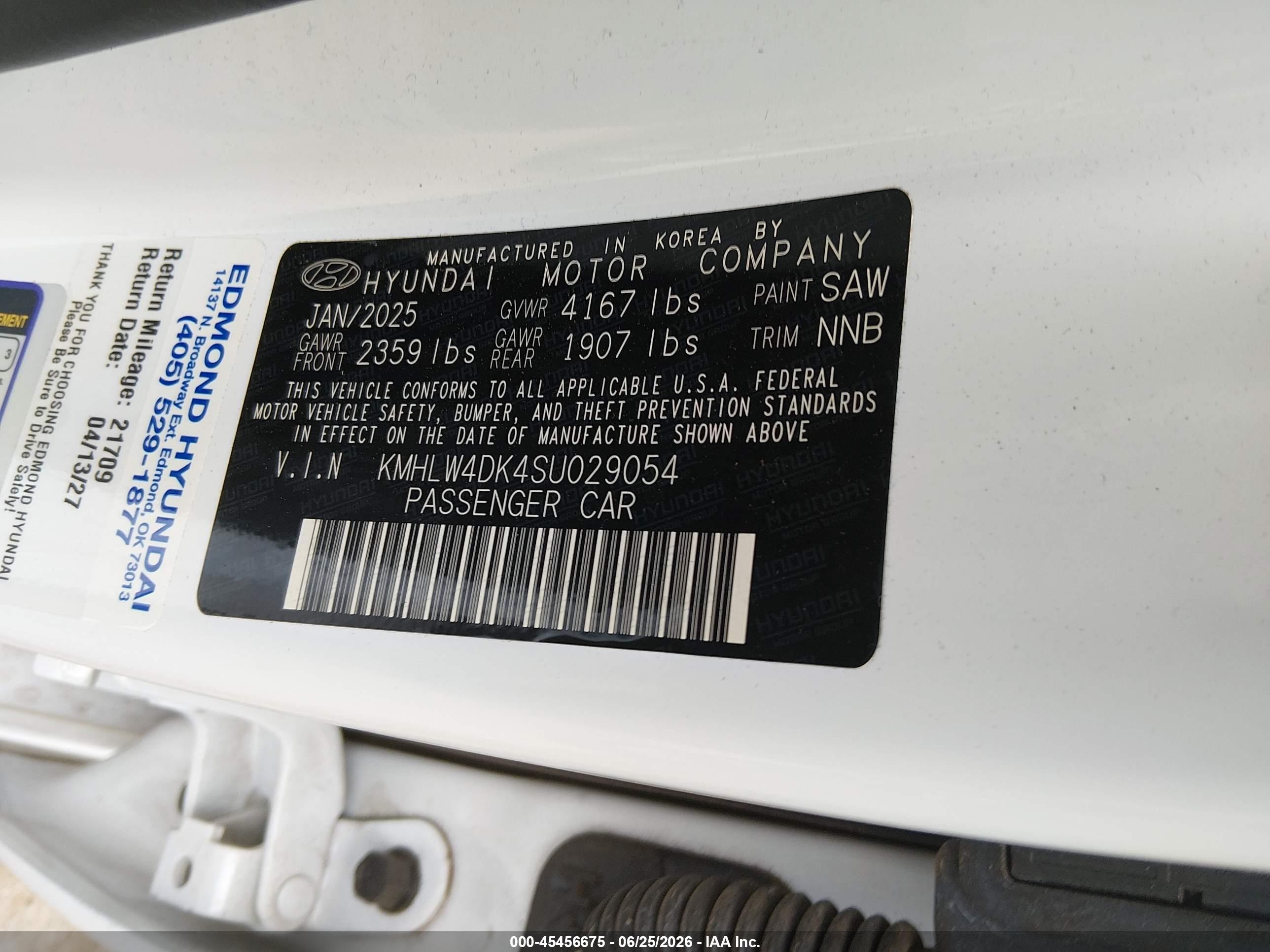 2025 Hyundai Elantra n VIN KMHLW4DK4SU029054 IAAI salvage auction — Front End, Clear (Oklahoma), sold $7,550 on 2026-09-09 (photo 9)