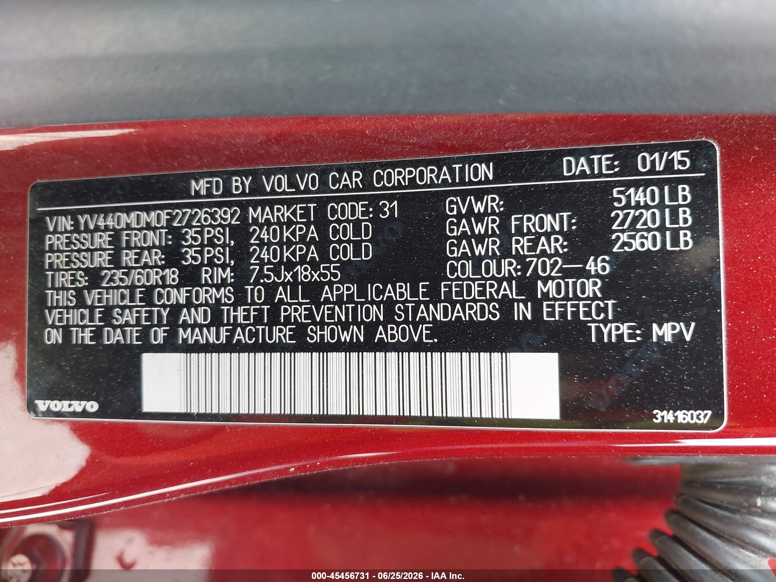 2015 Volvo XC60 VIN YV440MDM0F2726392 IAAI salvage auction — Front End, Original (Texas), sold $1,300 on 2026-09-11 (photo 9)