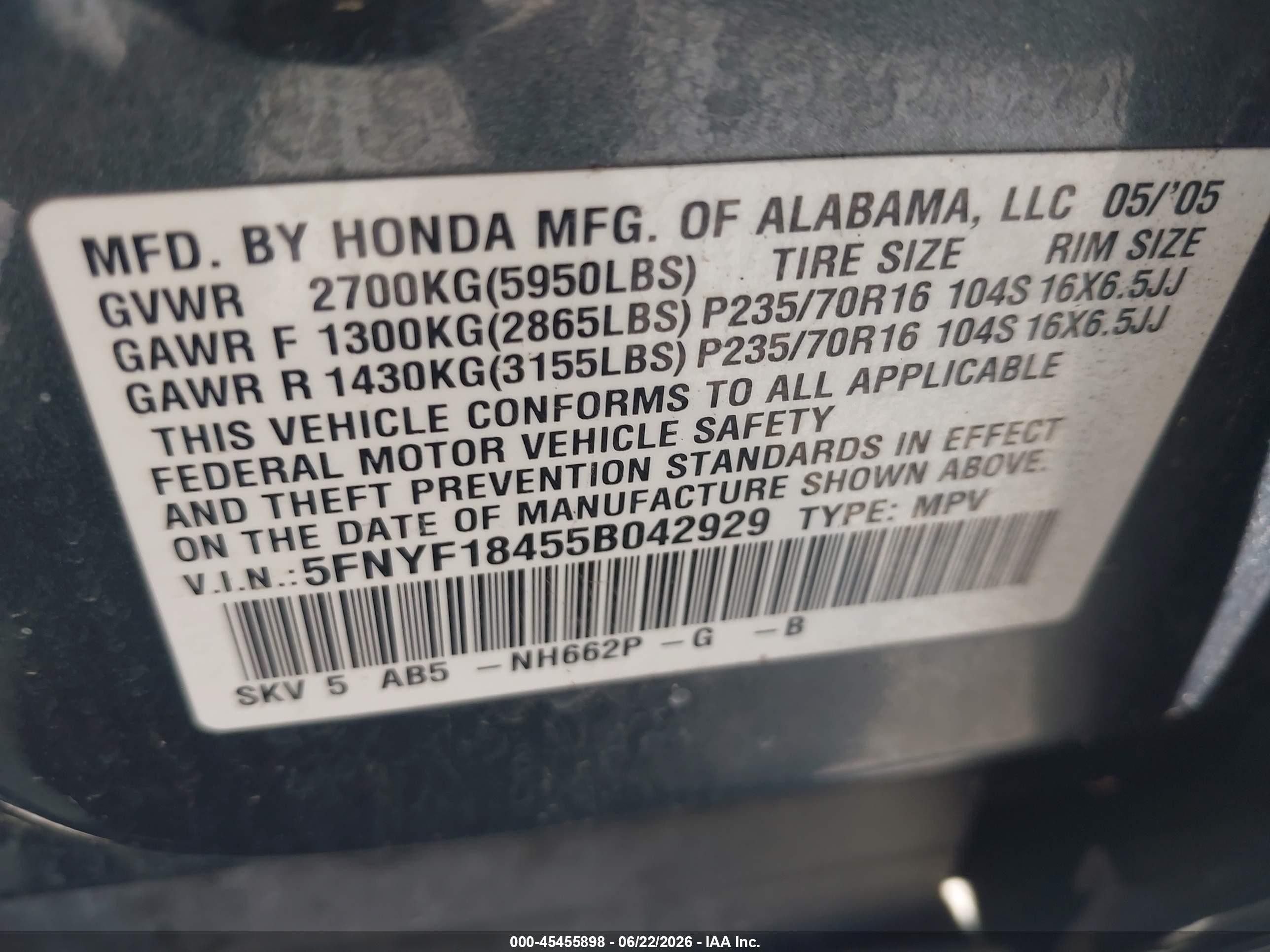 2005 Honda Pilot VIN 5FNYF18455B042929 IAAI salvage auction — Normal Wear, Clear (Utah), sold $350 on 2026-07-09 (photo 9)