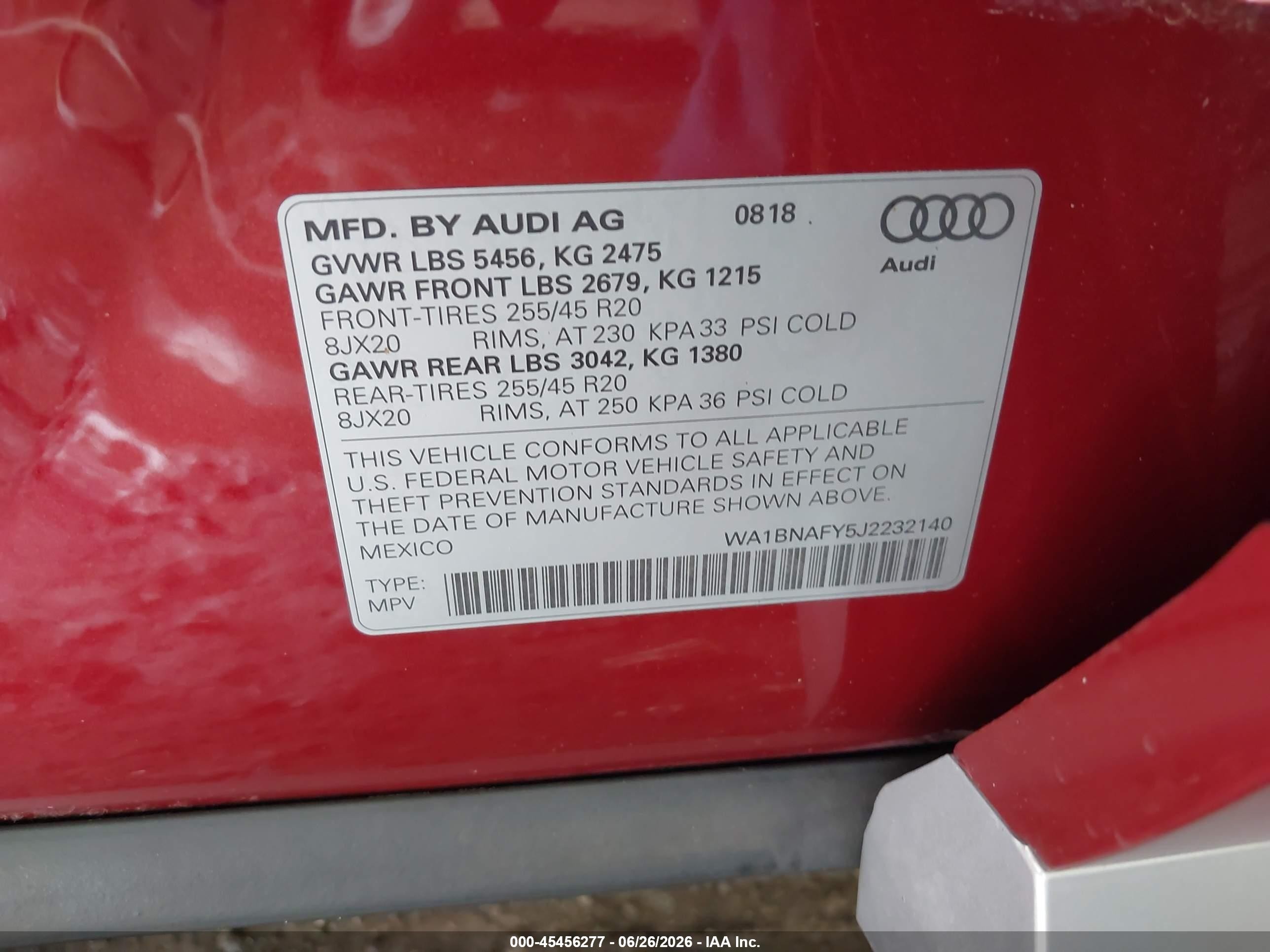 2018 Audi Q5 VIN WA1BNAFY5J2232140 IAAI salvage auction — Water/Flood, Salvage (Virginia), sold $4,650 on 2026-09-12 (photo 9)