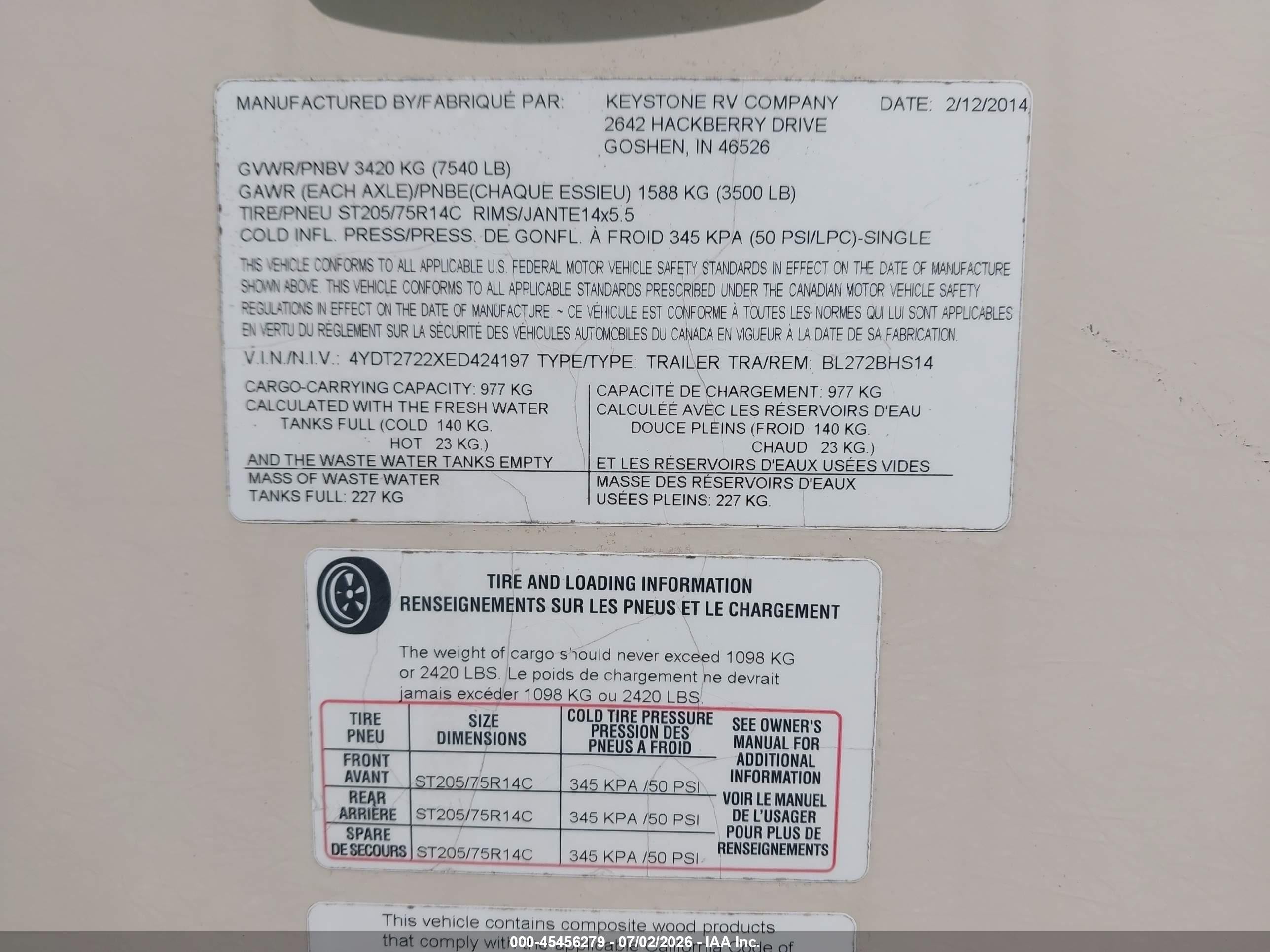 2014 Keystone Rv Bullet VIN 4YDT2722XED424197 IAAI salvage auction — Unknown, Salvage (Illinois), sold $1,800 on 2026-09-30 (photo 9)