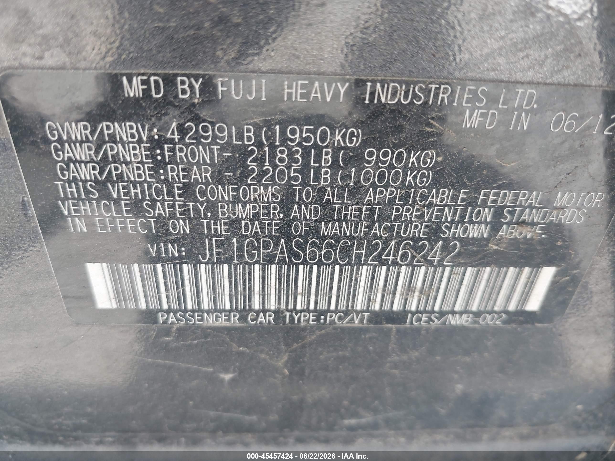 2012 Subaru Impreza VIN JF1GPAS66CH246242 IAAI salvage auction — Normal Wear, Clear (Utah), sold $750 on 2026-07-09 (photo 9)