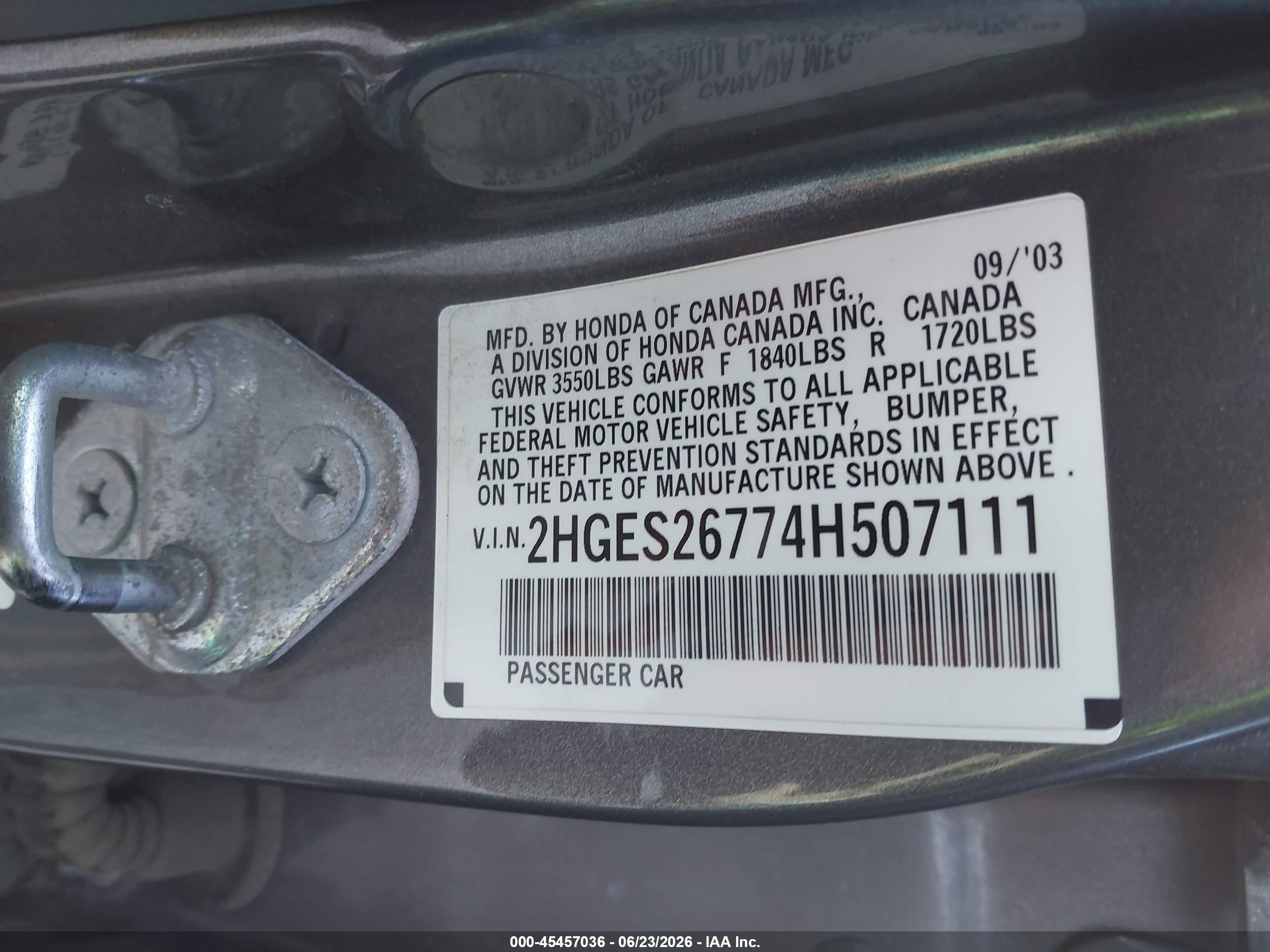2004 Honda Civic VIN 2HGES26774H507111 IAAI salvage auction — Normal Wear, Clear - Dealer Only (California), sold $625 on 2026-07-09 (photo 9)