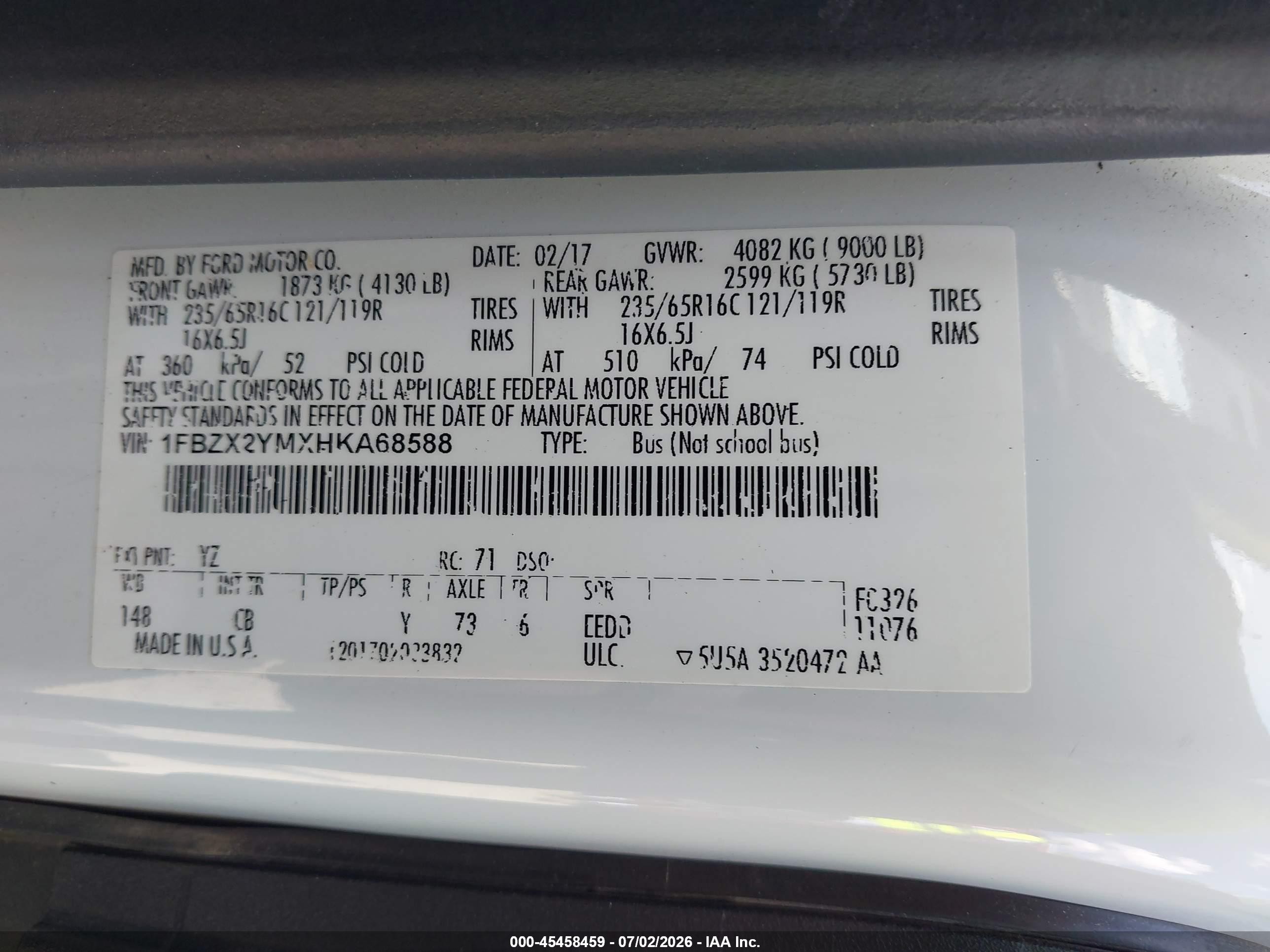 2017 Ford Transit-350 VIN 1FBZX2YMXHKA68588 IAAI salvage auction — Rear End, Salvage (Georgia), sold $4,550 on 2026-09-25 (photo 9)