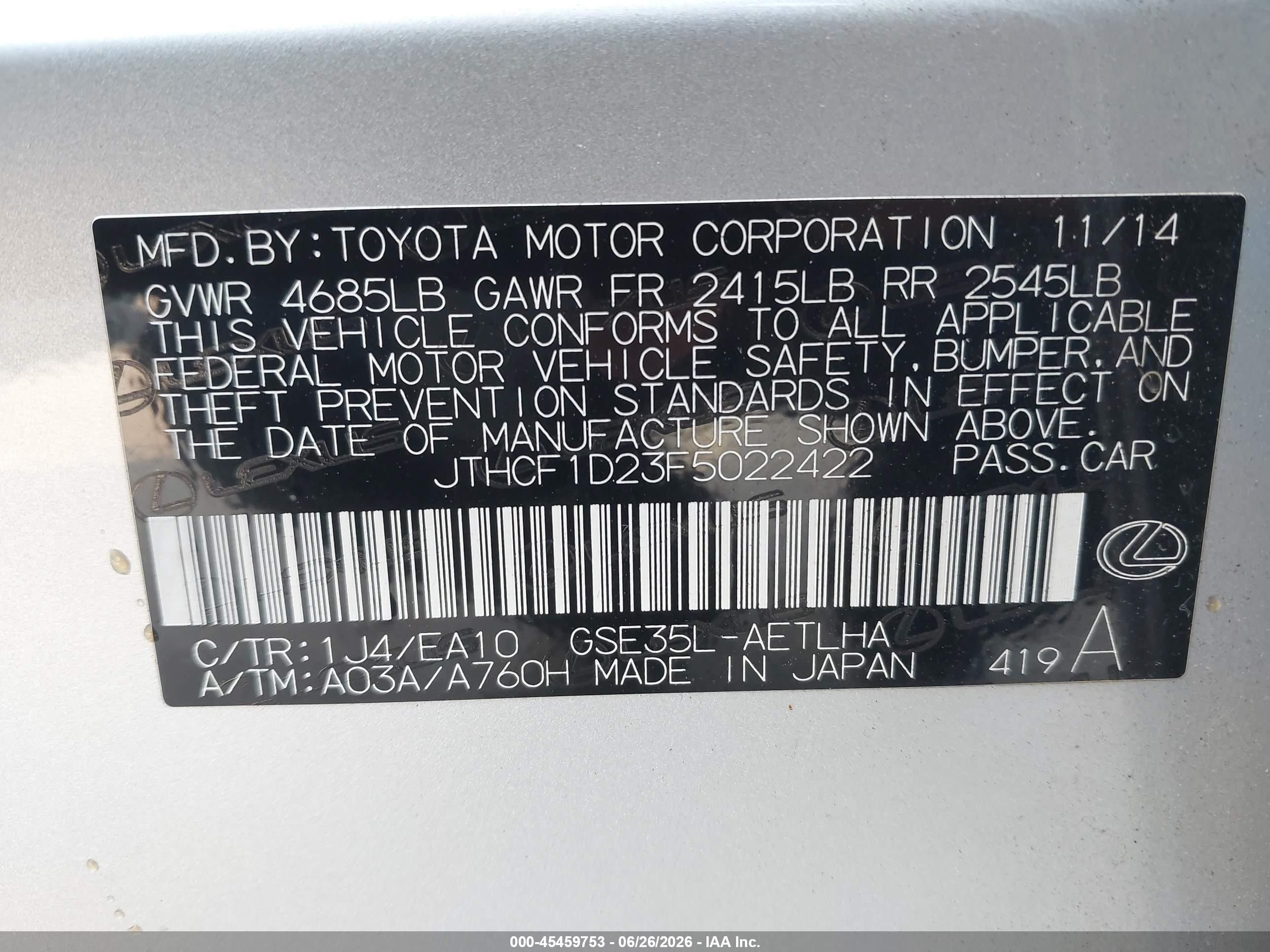 2015 Lexus Is VIN JTHCF1D23F5022422 IAAI salvage auction — Front End, Salvage (Tennessee), sold $4,950 on 2026-09-23 (photo 9)