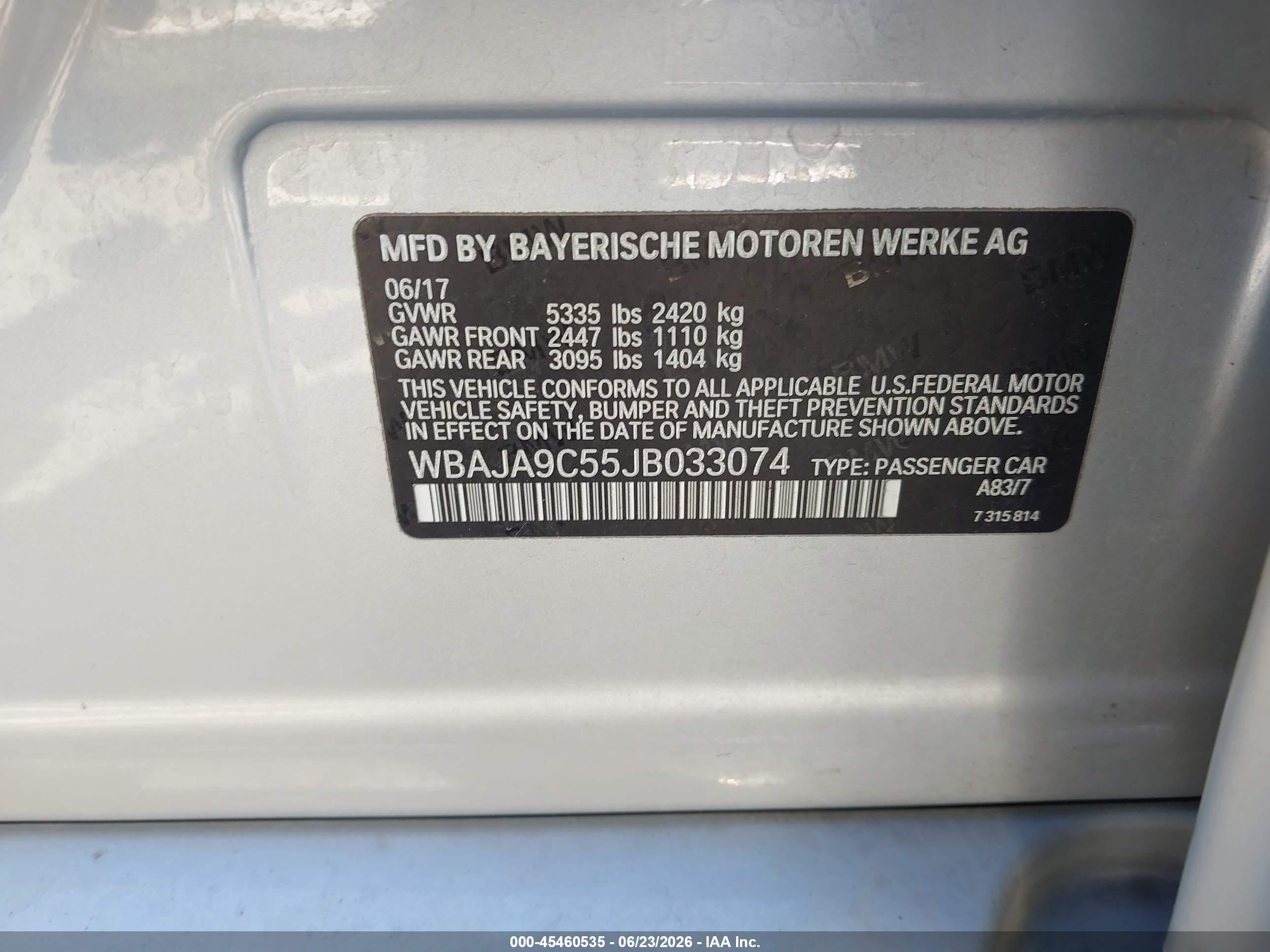 2018 BMW 5 Series VIN WBAJA9C55JB033074 IAAI salvage auction — Normal Wear, Clear - Dealer Only (California), sold $5,150 on 2026-07-09 (photo 9)