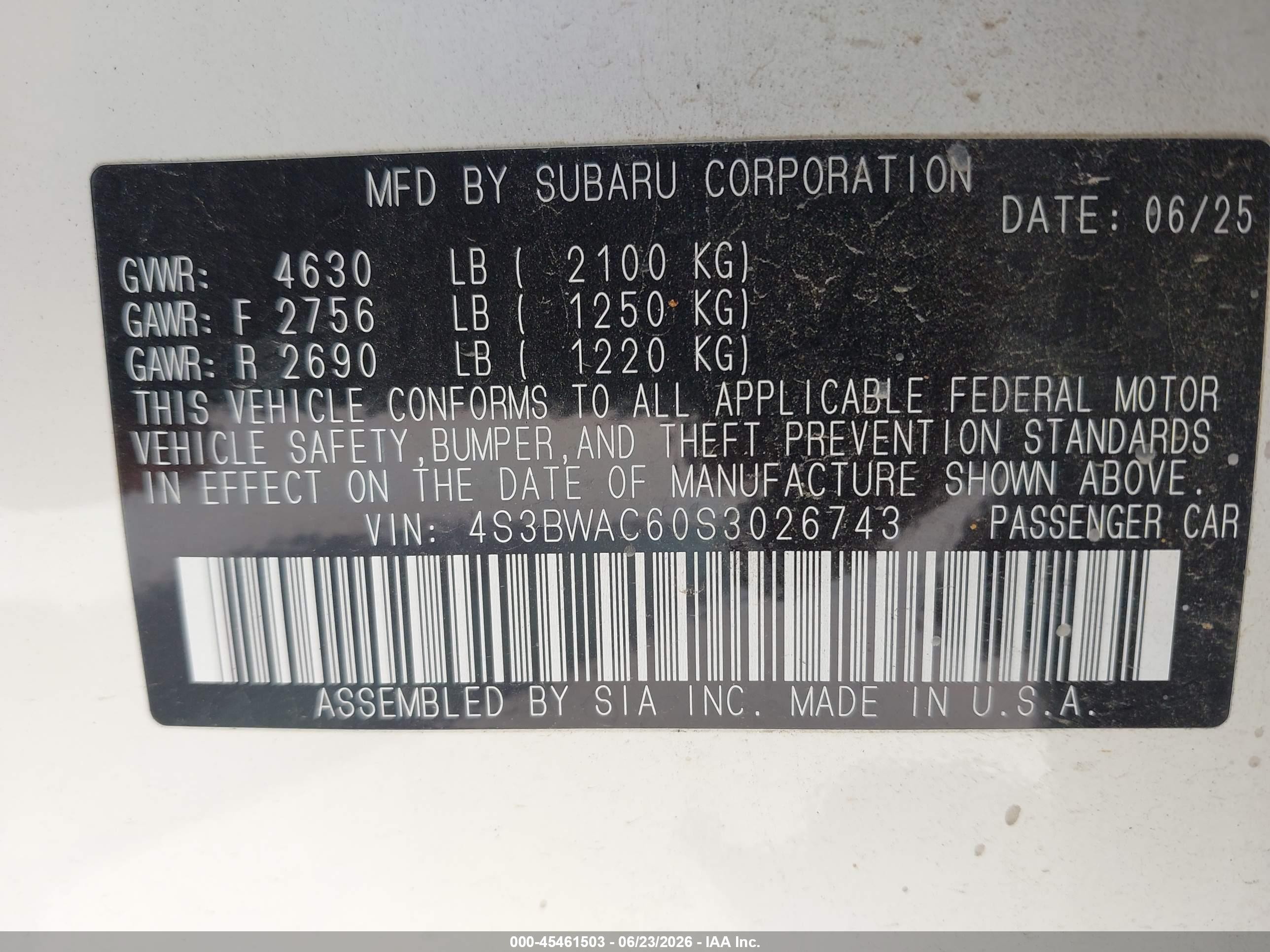 2025 Subaru LEGACY VIN 4S3BWAC60S3026743 IAAI salvage auction — Side, Original (Texas), sold $8,600 on 2026-09-08 (photo 9)