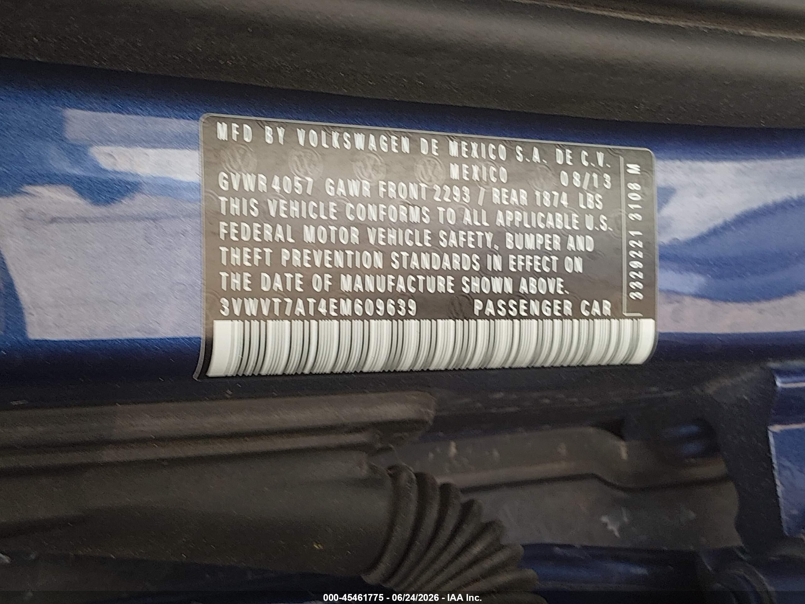 2014 Volkswagen Beetle VIN 3VWVT7AT4EM609639 IAAI salvage auction — Normal Wear, Clear - Dealer Only (California), sold $1,300 on 2026-07-02 (photo 9)