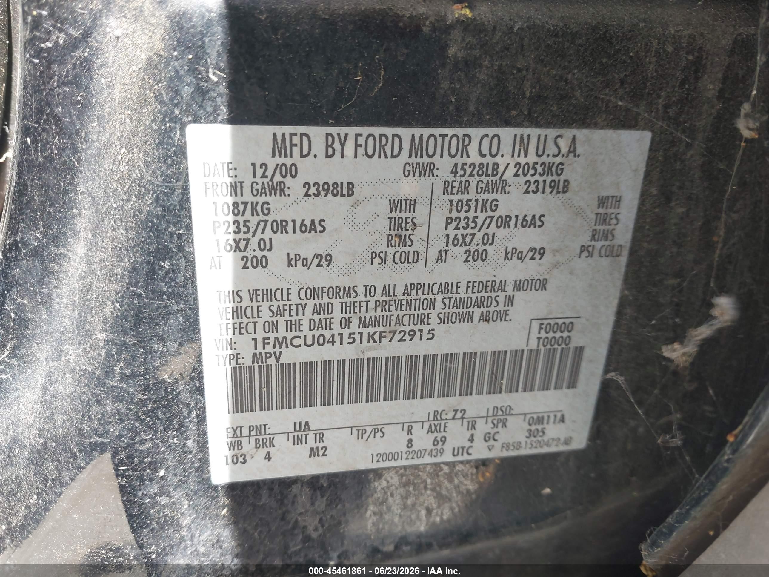 2001 Ford Escape VIN 1FMCU04151KF72915 IAAI salvage auction — Normal Wear, Clear - Dealer Only (California), sold $275 on 2026-07-09 (photo 9)