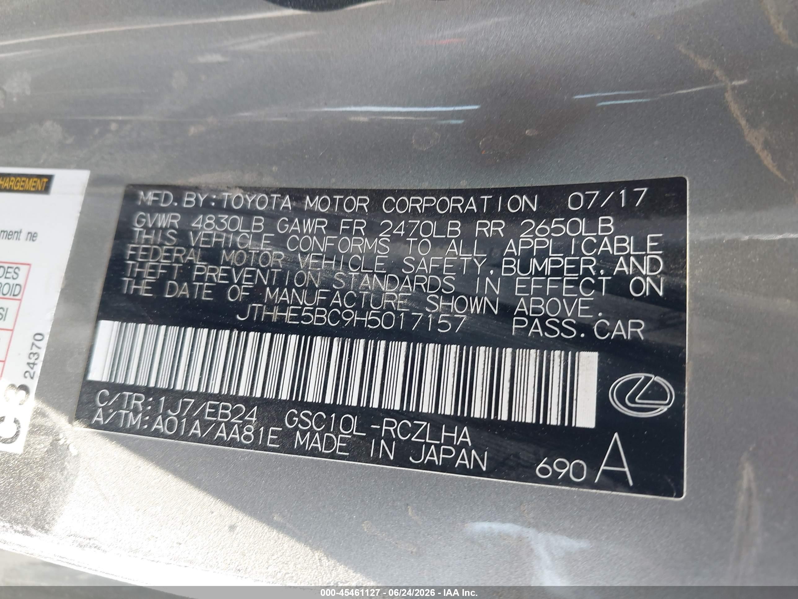 2017 Lexus Rc 350 VIN JTHHE5BC9H5017157 IAAI salvage auction — Side, Salvage (California), sold $7,450 on 2026-07-02 (photo 9)