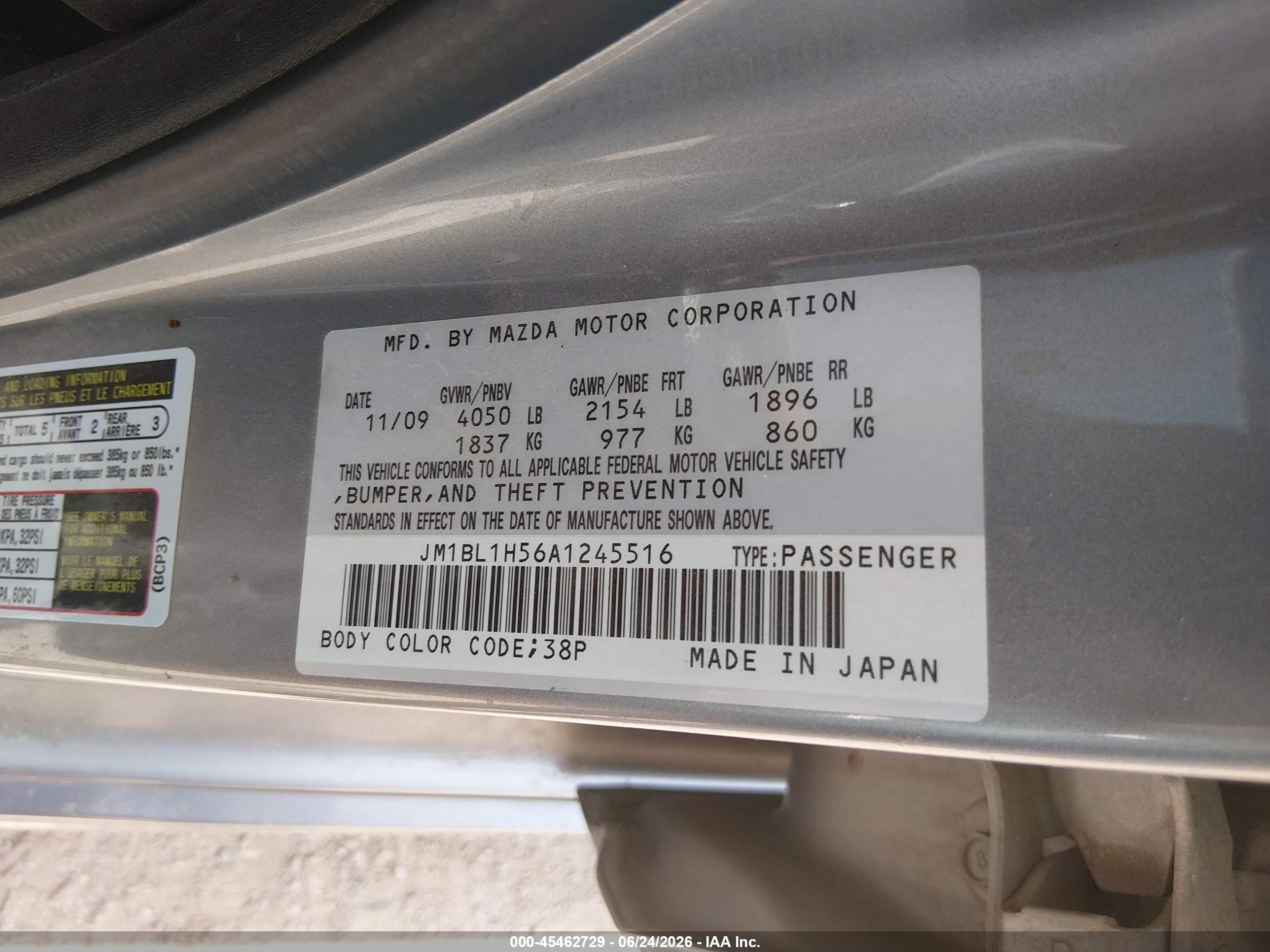 2010 Mazda 3 VIN JM1BL1H56A1245516 IAAI salvage auction — Rear End, Salvage (Arizona), sold $875 on 2026-09-26 (photo 9)