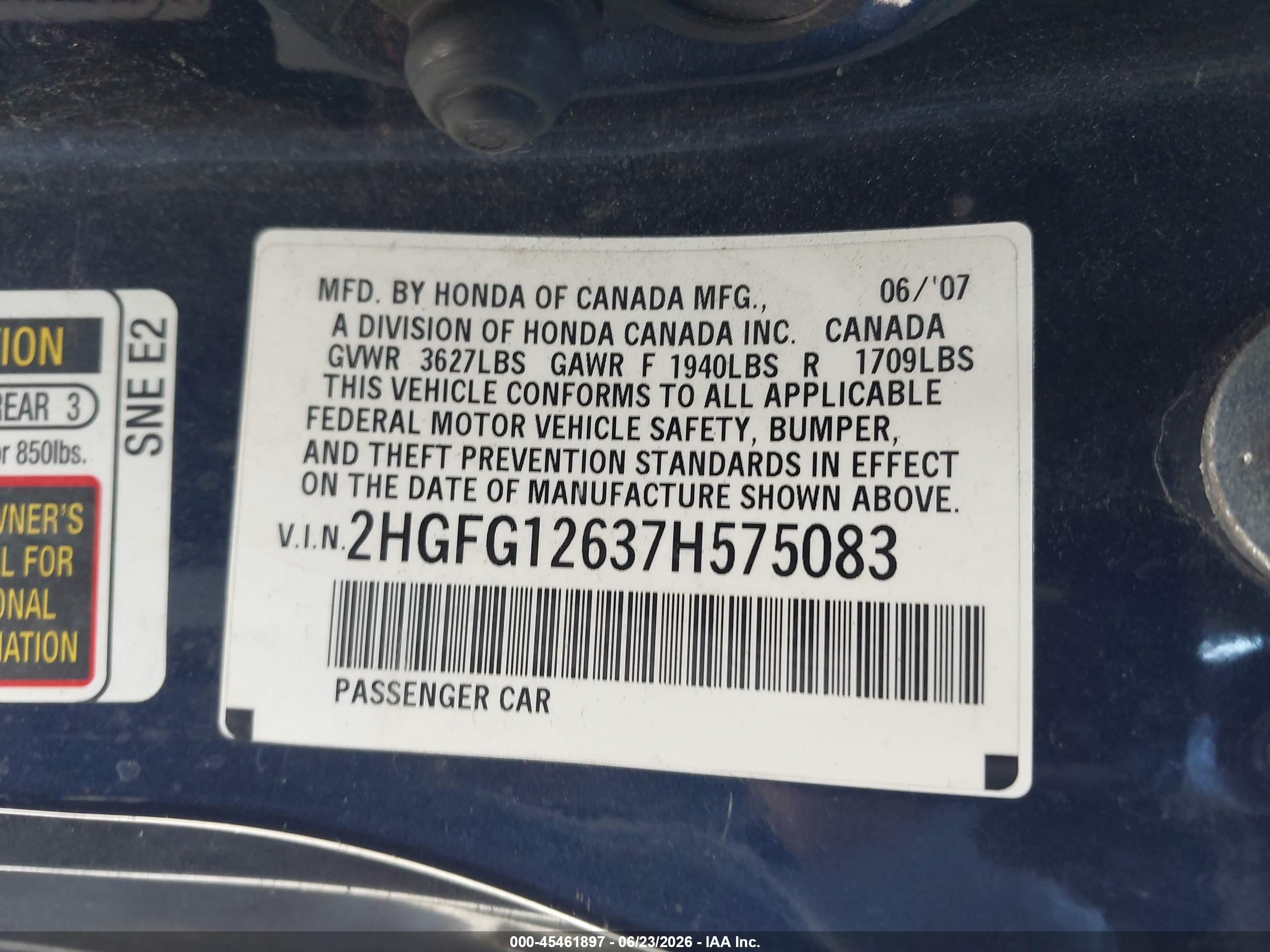 2007 Honda Civic VIN 2HGFG12637H575083 IAAI salvage auction — Normal Wear, Clear - Dealer Only (California), sold $350 on 2026-07-09 (photo 9)