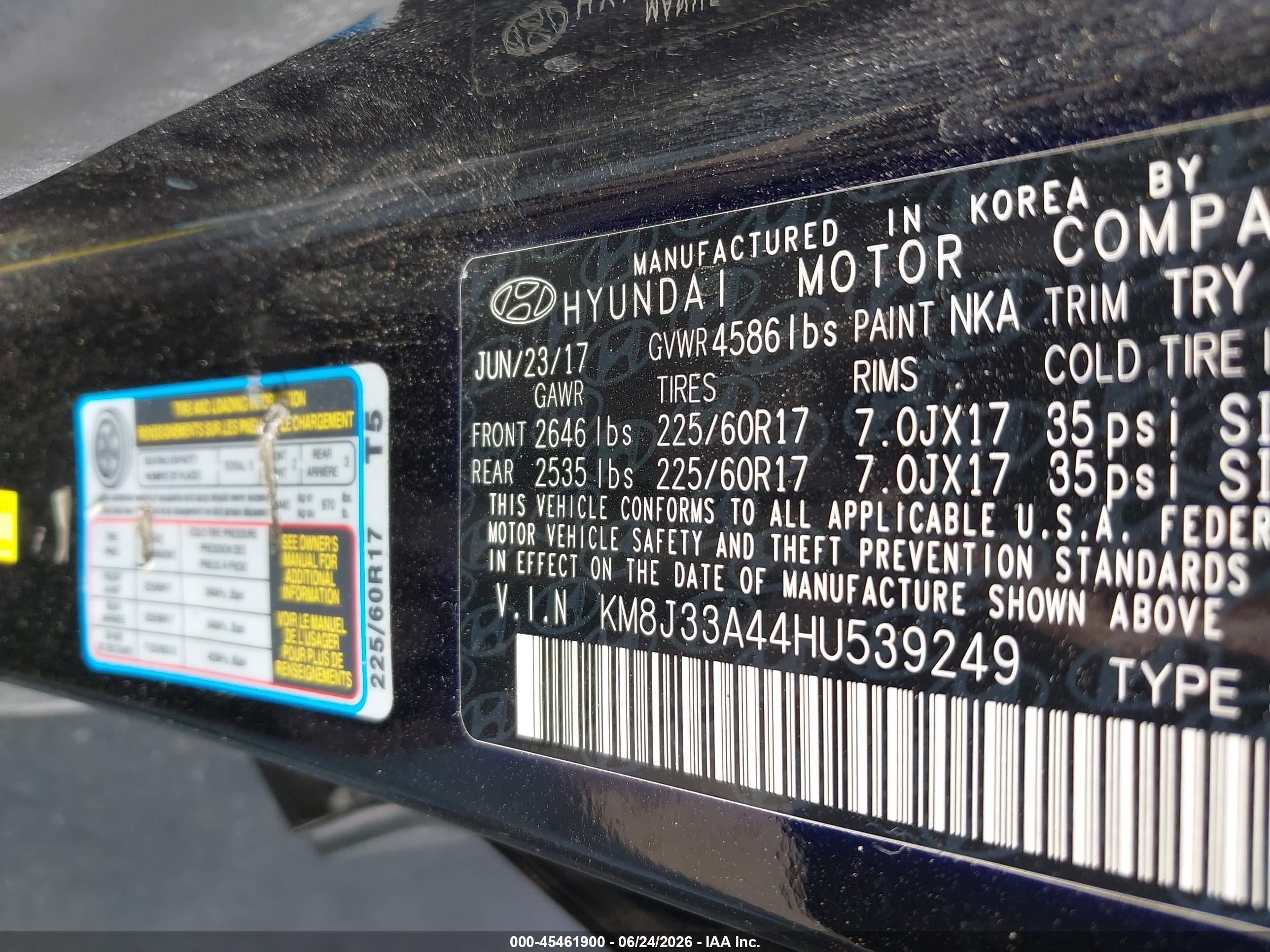 2017 Hyundai Tucson VIN KM8J33A44HU539249 IAAI salvage auction — Normal Wear, Original (Texas), sold $6,700 on 2026-09-08 (photo 9)