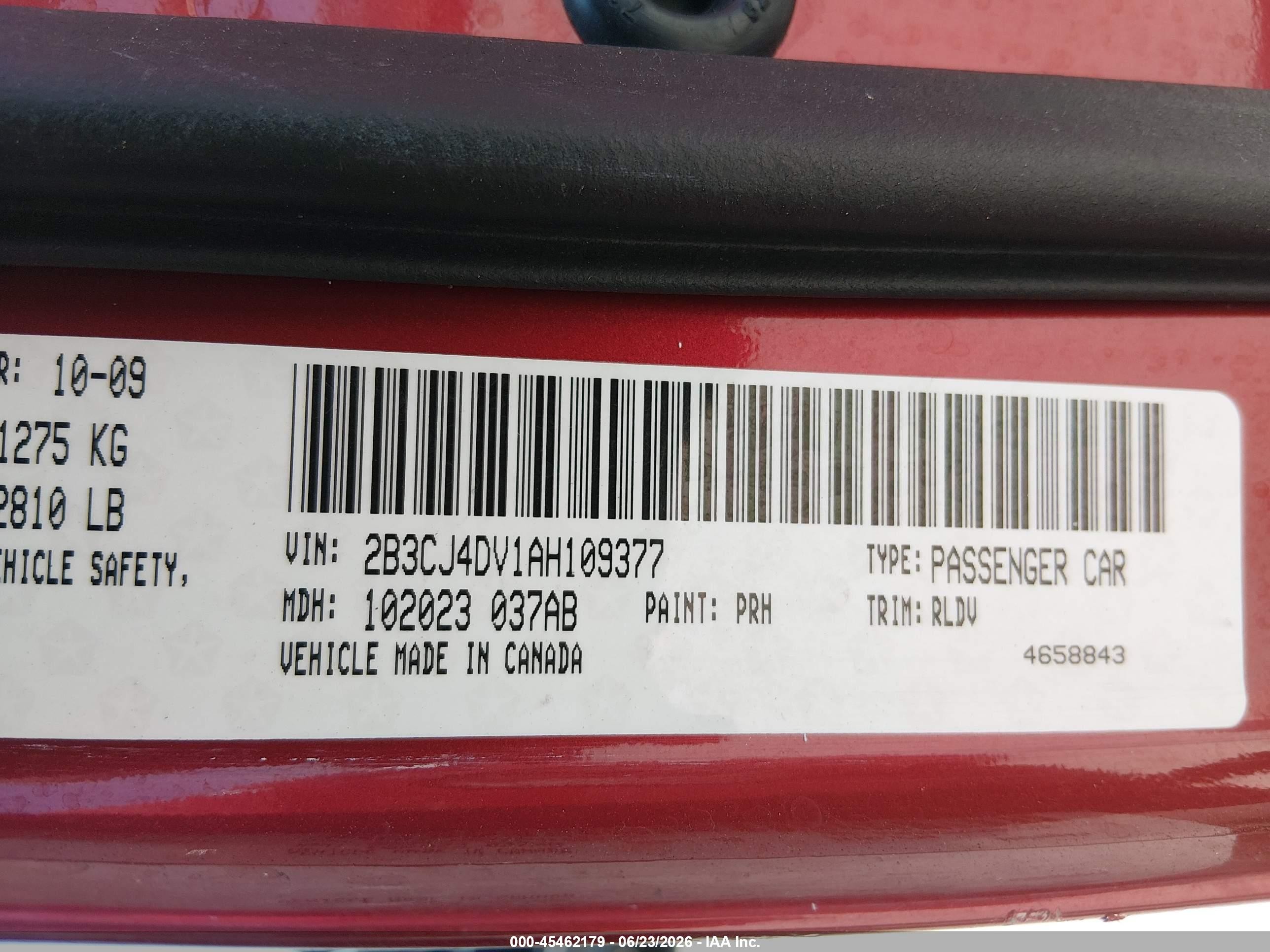 2010 Dodge Challenger VIN 2B3CJ4DV1AH109377 IAAI salvage auction — Rear End, Salvage (California), sold $1,150 on 2026-07-11 (photo 9)