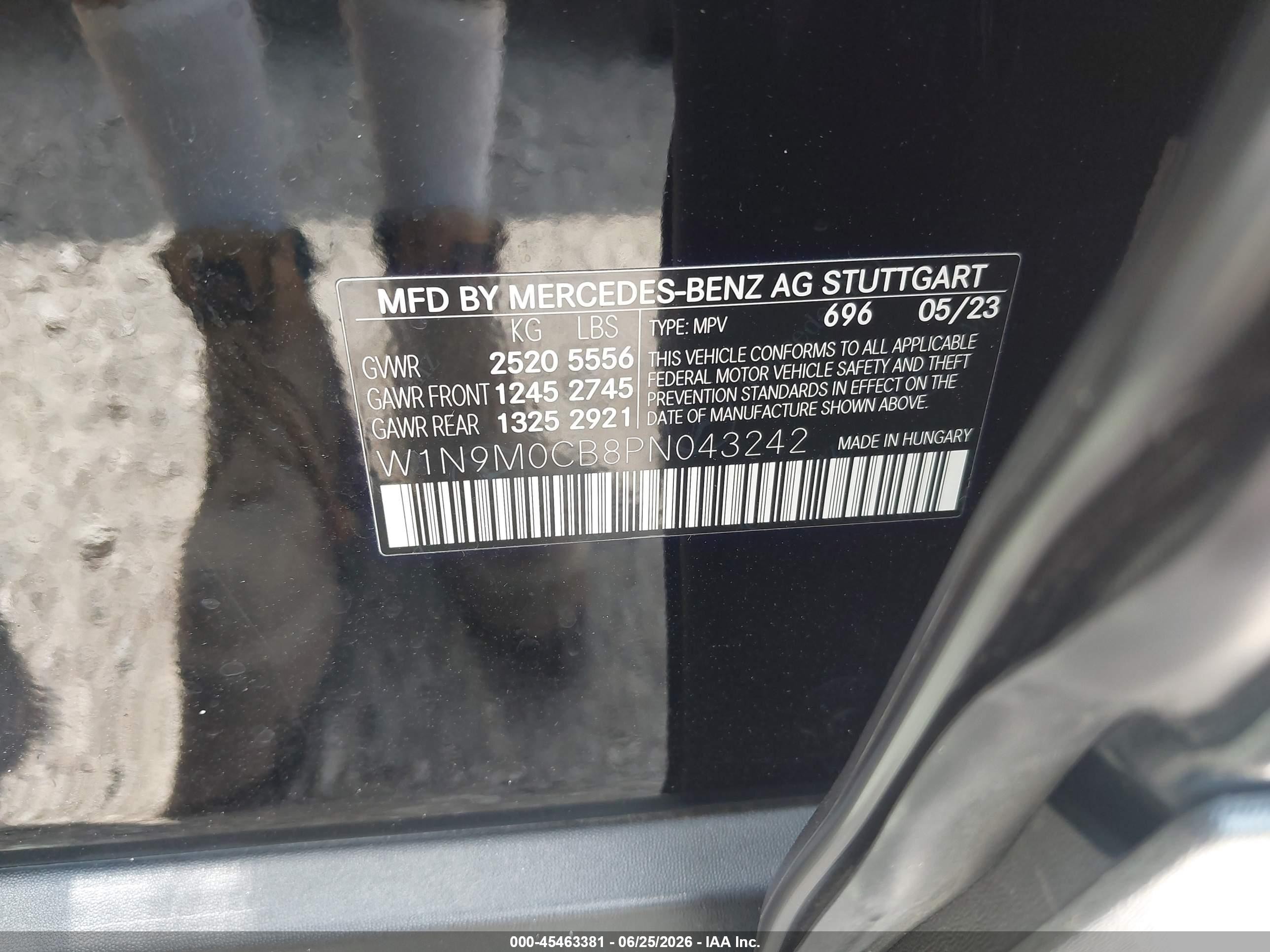 2023 Mercedes-Benz EQB VIN W1N9M0CB8PN043242 IAAI salvage auction — Rear End, Original (Texas), sold $14,900 on 2026-09-11 (photo 9)